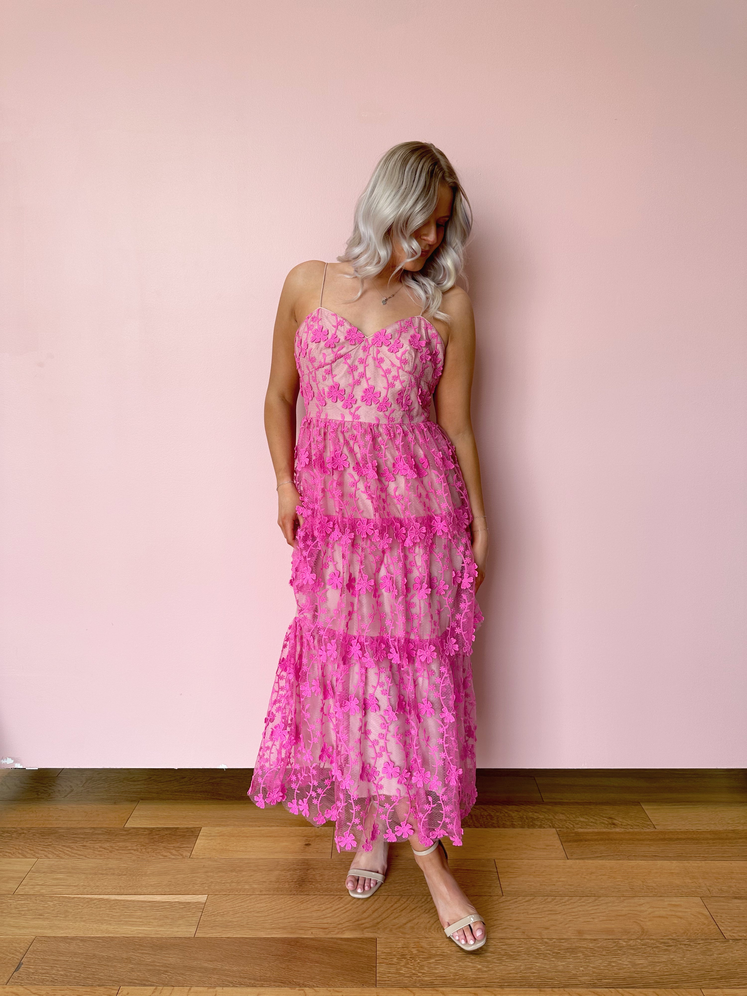 Chloe Pink Floral Lace Tiered Dress