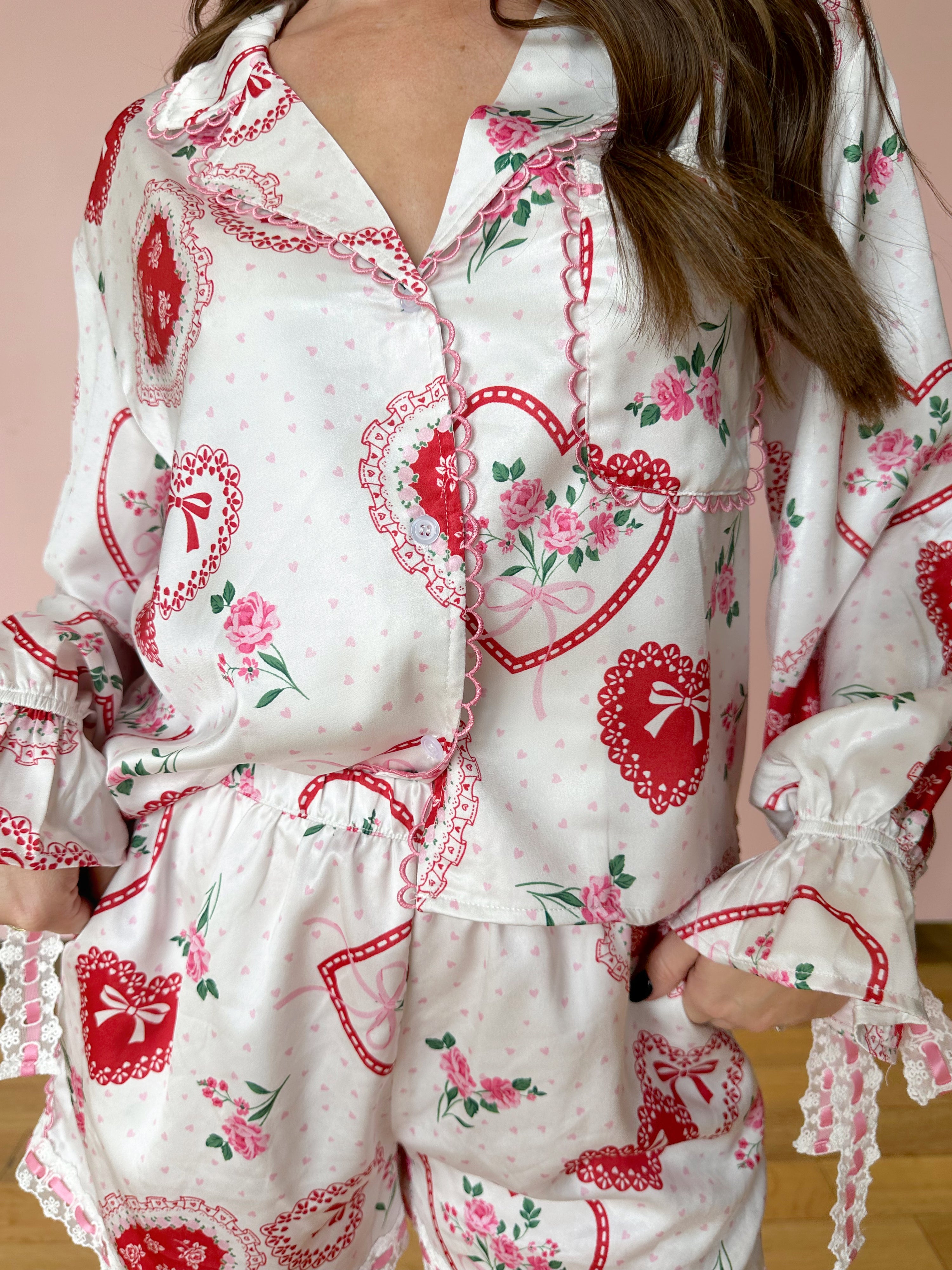 Floral Heart Satin Pajama Set