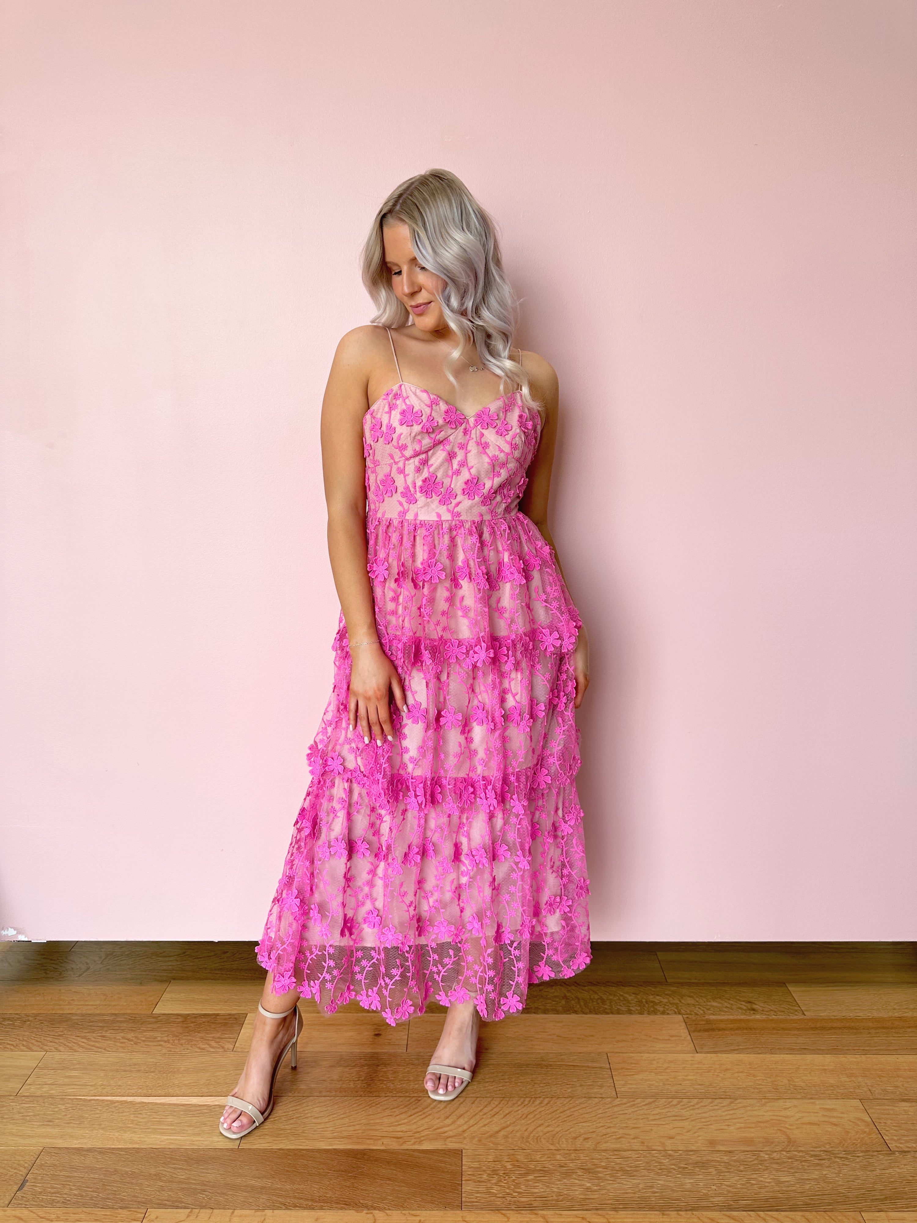 Chloe Pink Floral Lace Tiered Dress