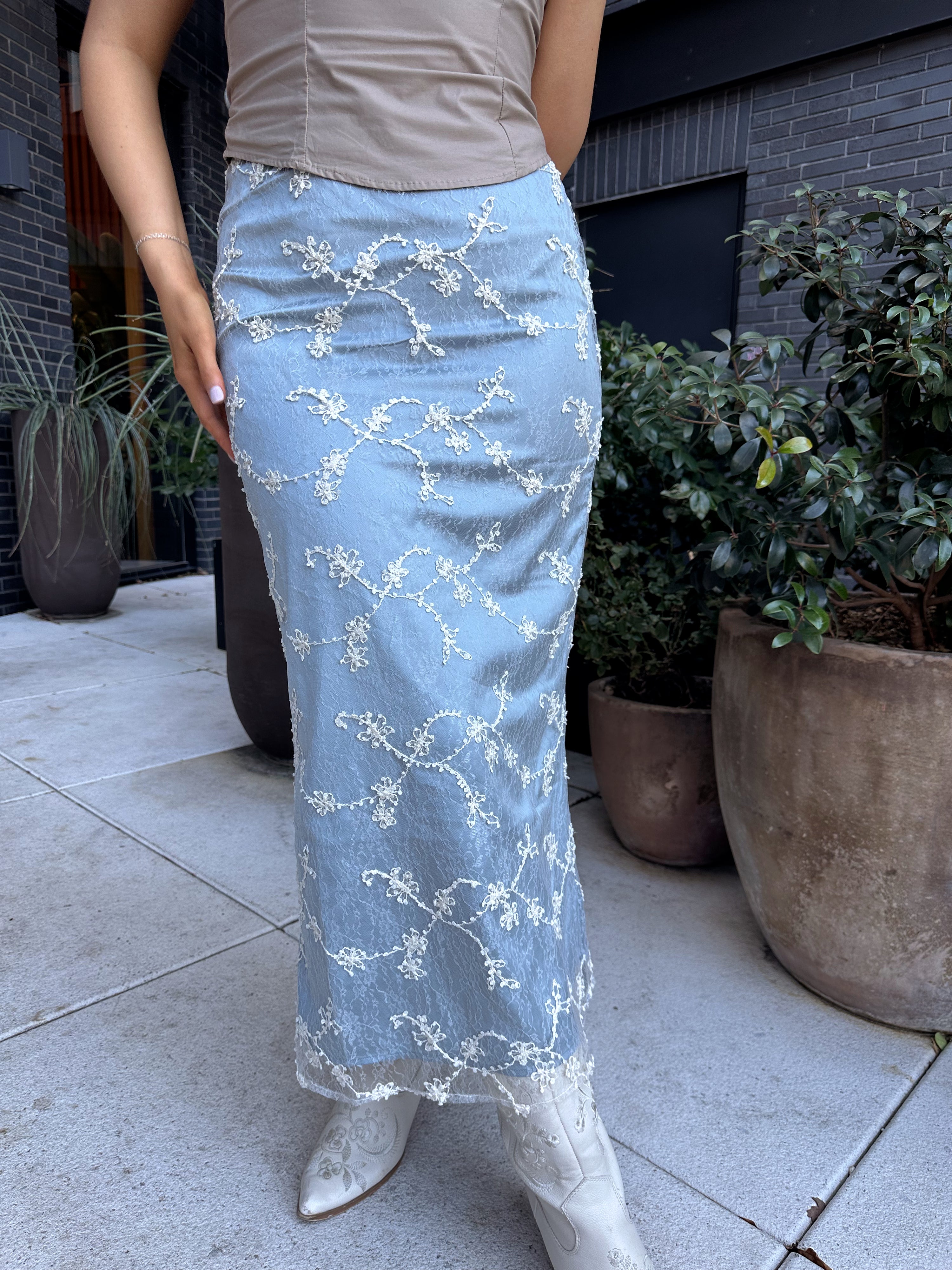 Blue Embroidered Maxi Skirt