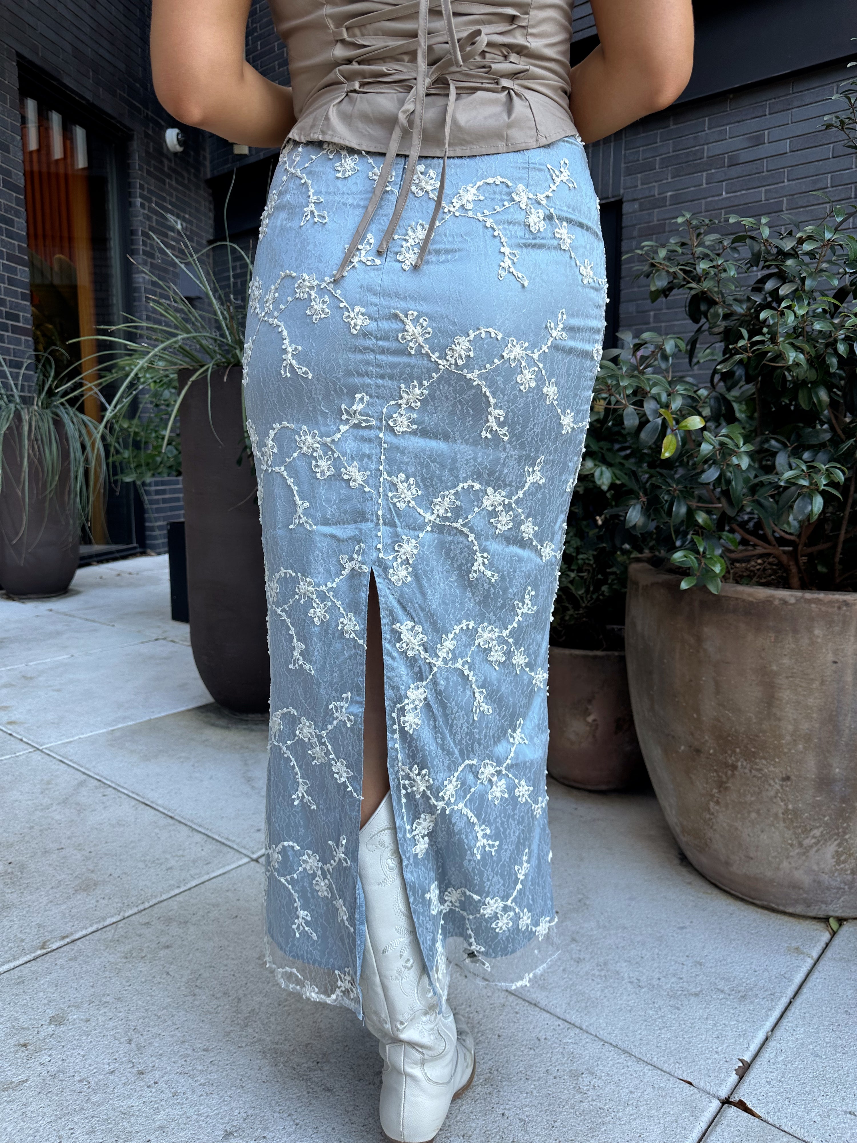 Blue Embroidered Maxi Skirt