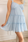 Baby blue tiered mini dress with ruffle straps. 