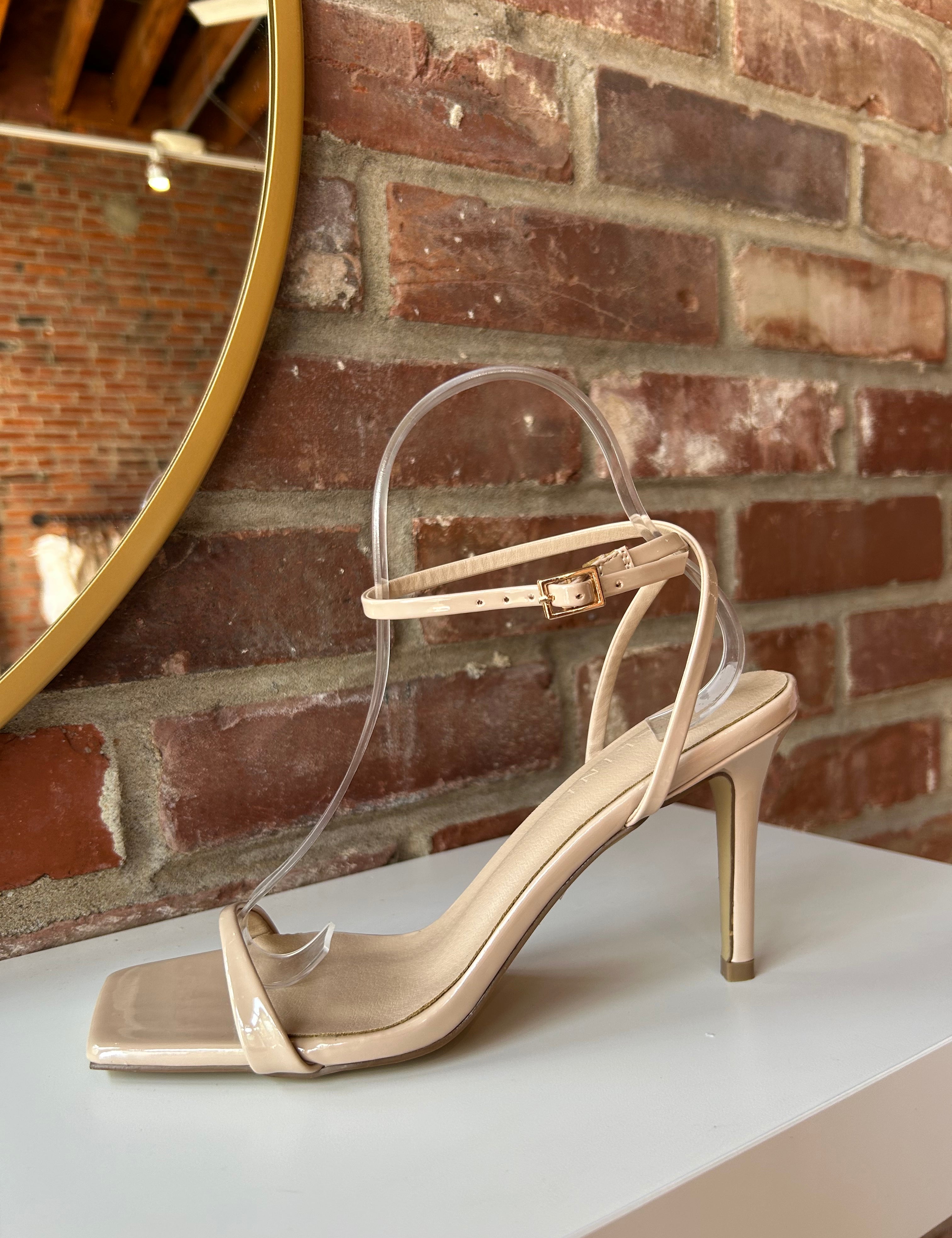 Nude stiletto sandal with square toe and nude ankle strap