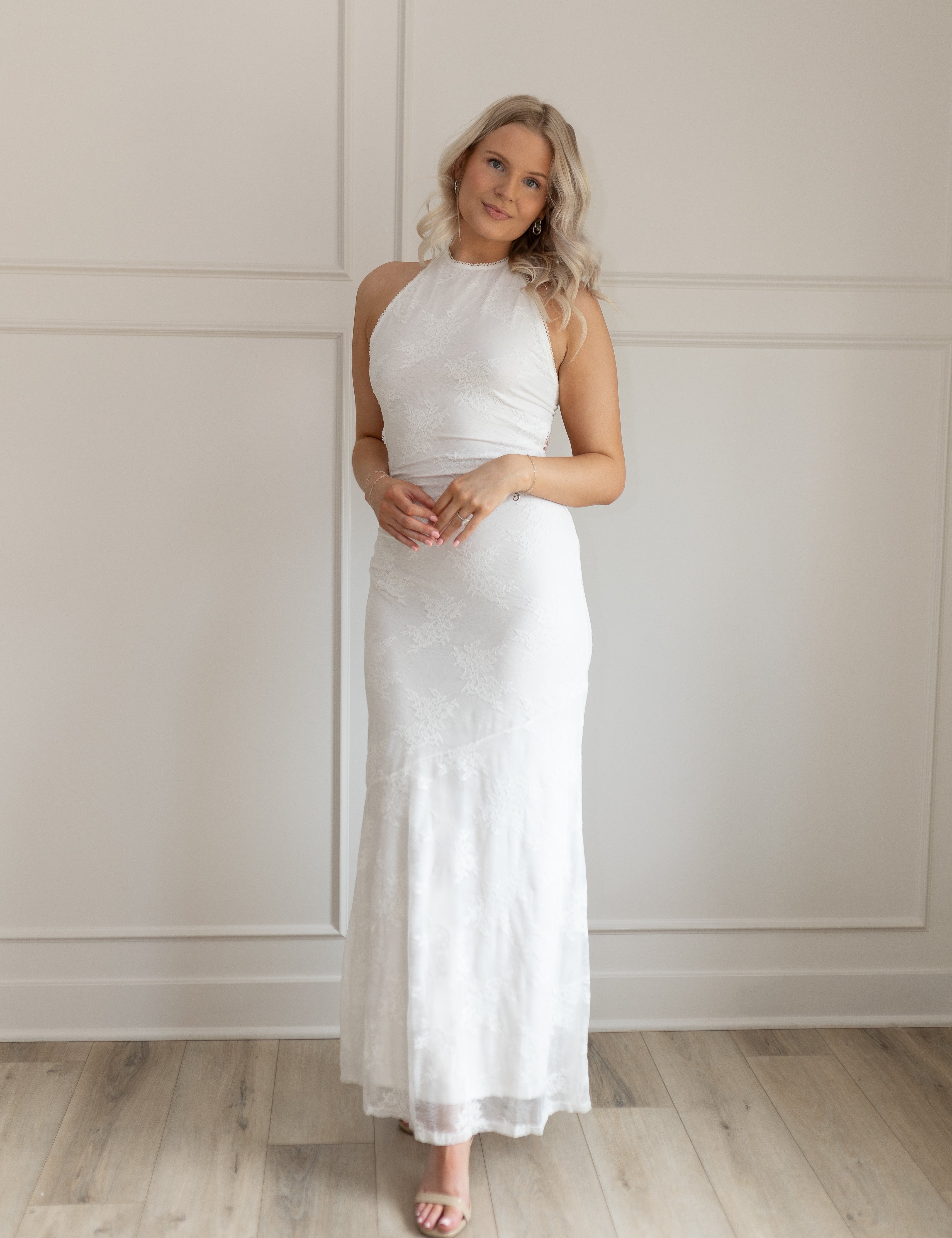 White lace halter maxi dress with open back and tie straps