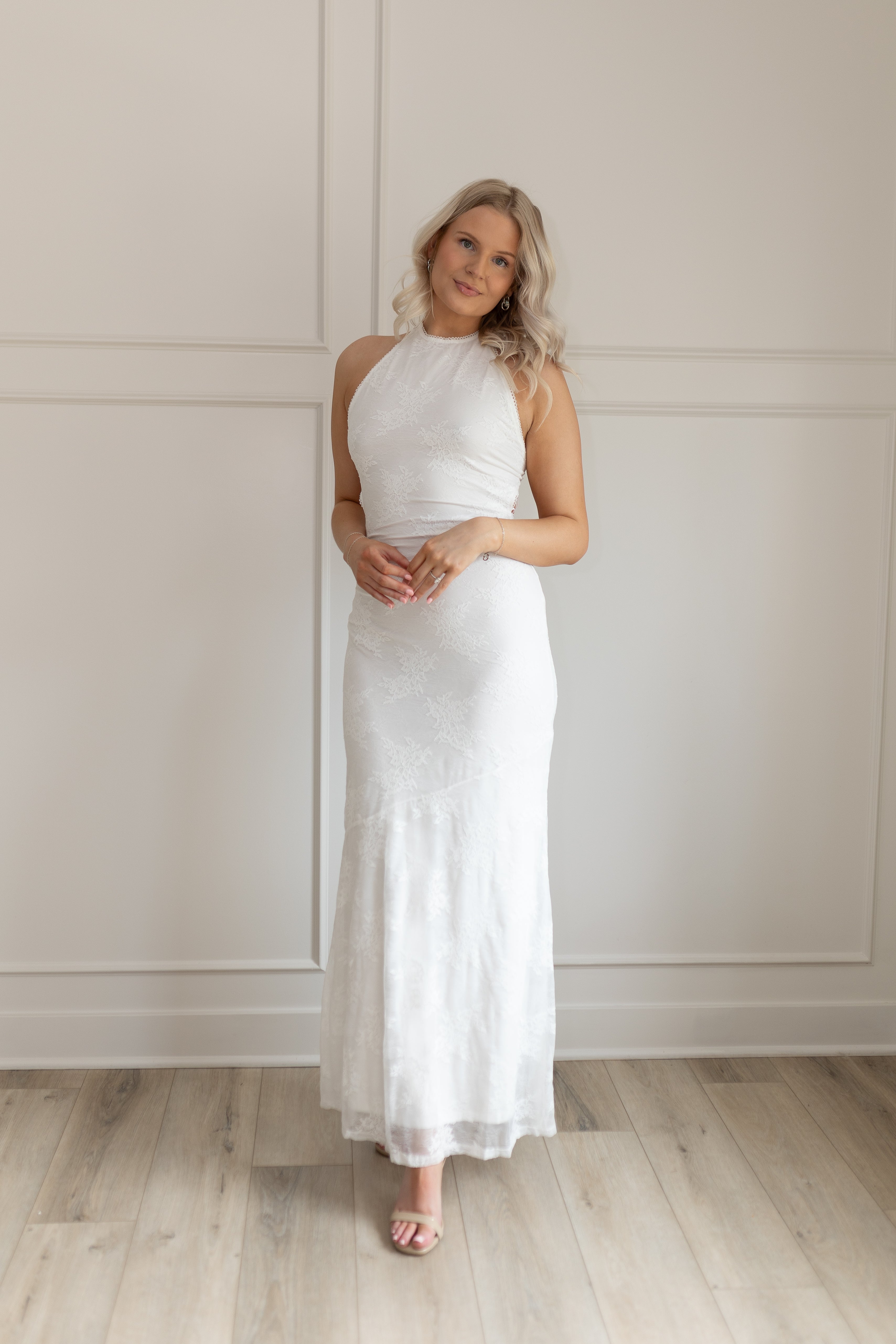 White lace halter maxi dress with open back and tie straps
