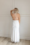 White lace halter maxi dress with open back and tie straps