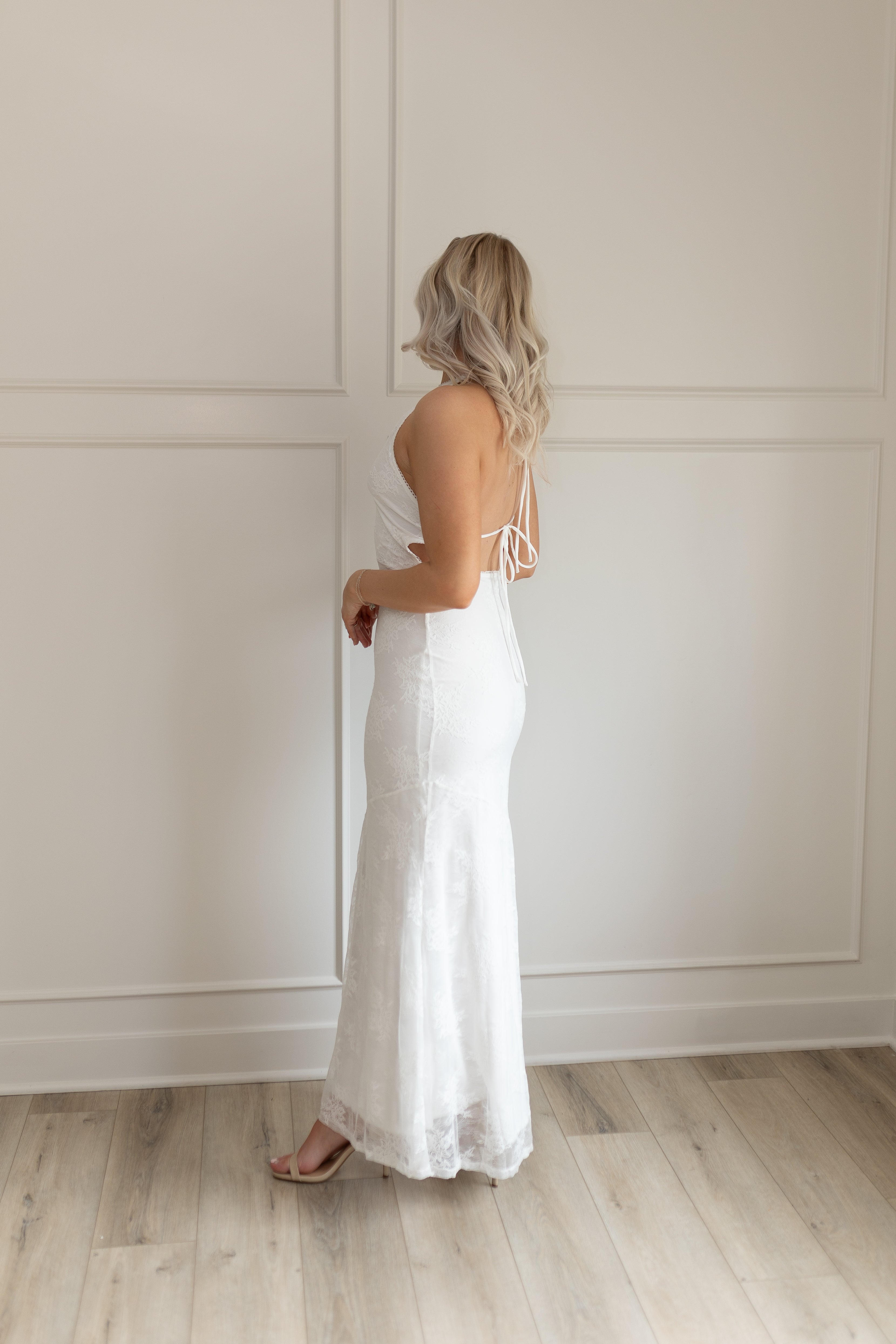 White lace halter maxi dress with open back and tie straps