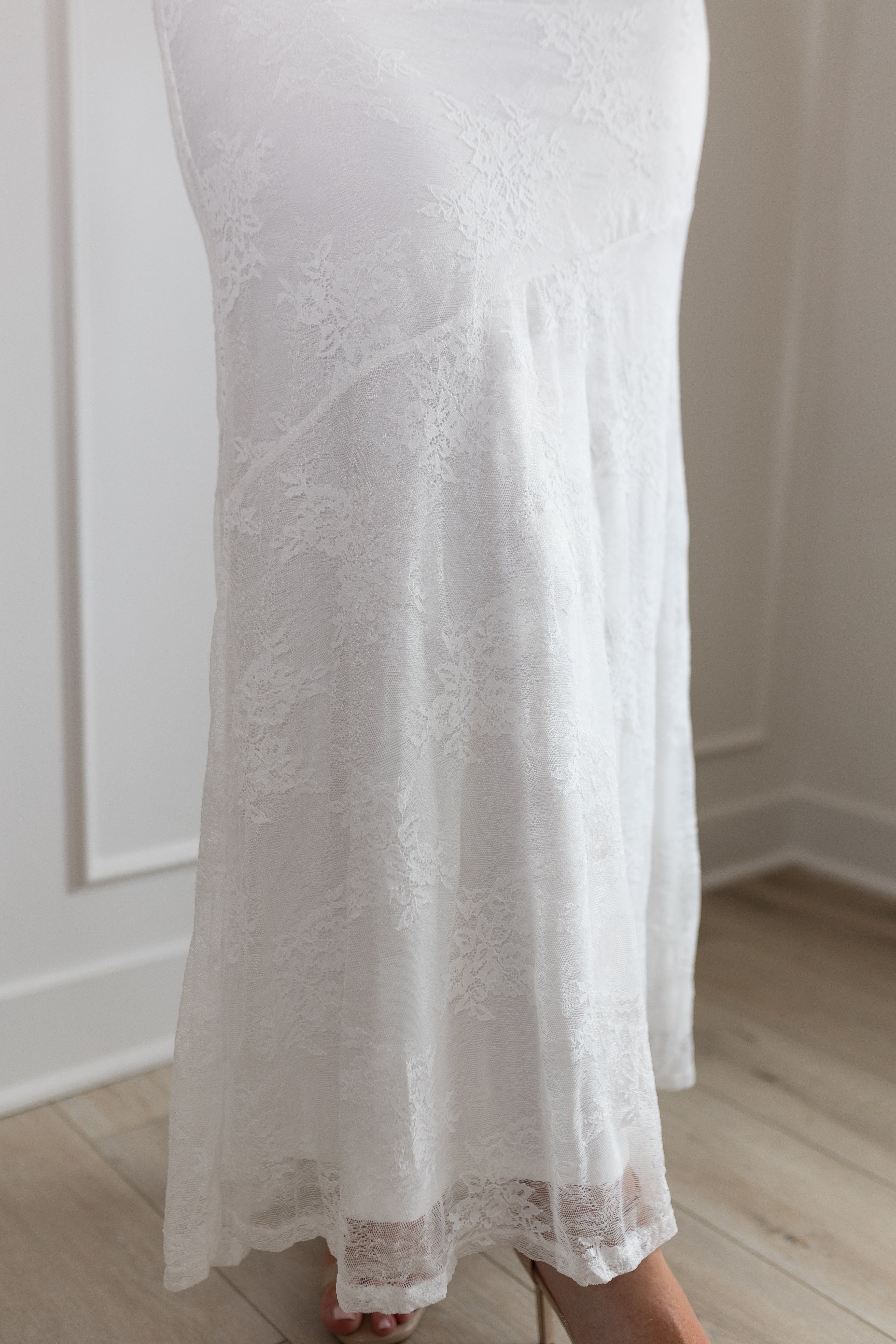 White lace halter maxi dress with open back and tie straps