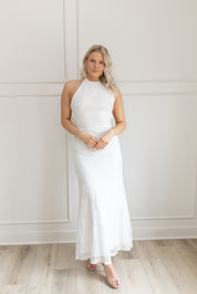 White lace halter maxi dress with open back and tie straps