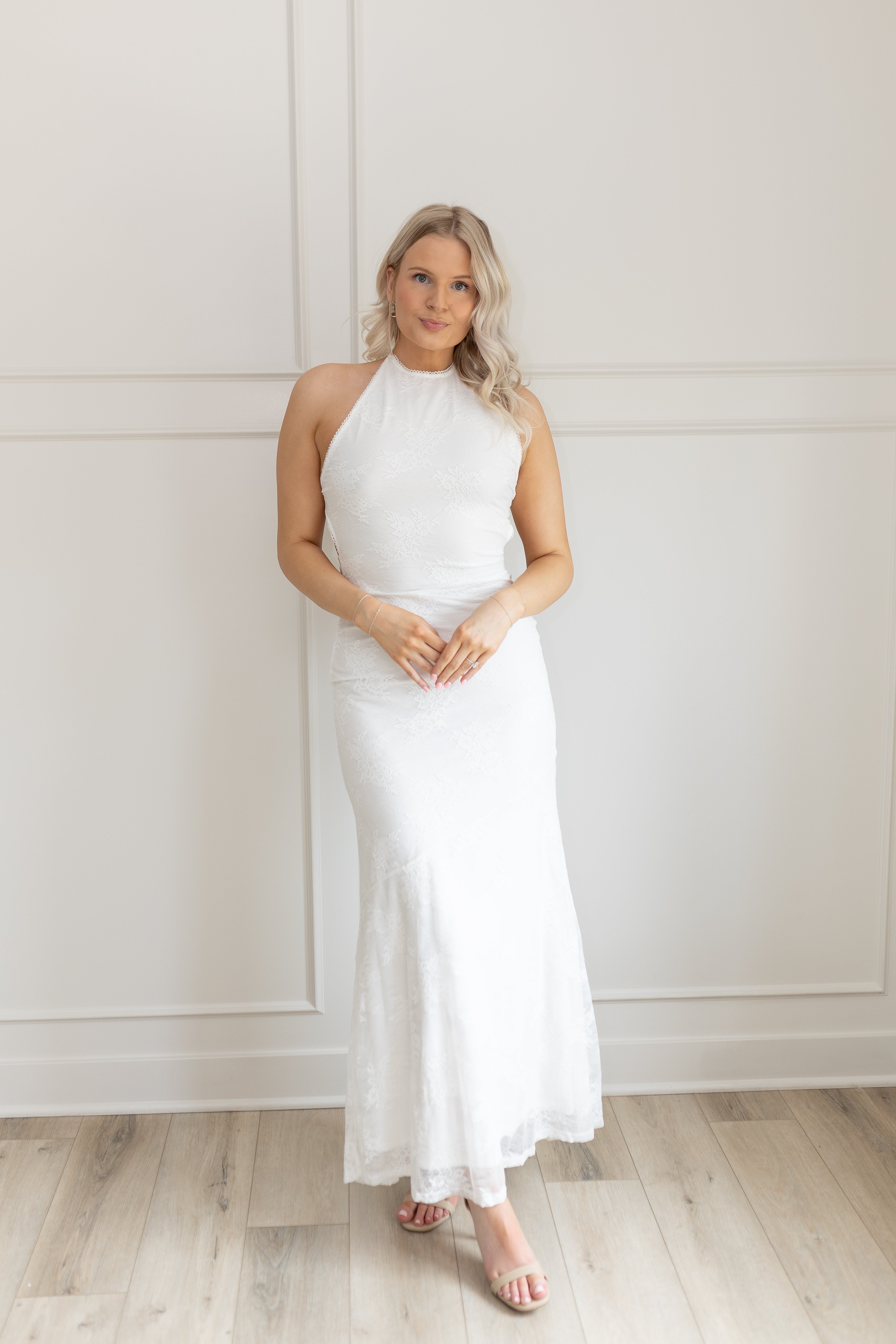 White lace halter maxi dress with open back and tie straps