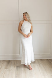 White lace halter maxi dress with open back and tie straps