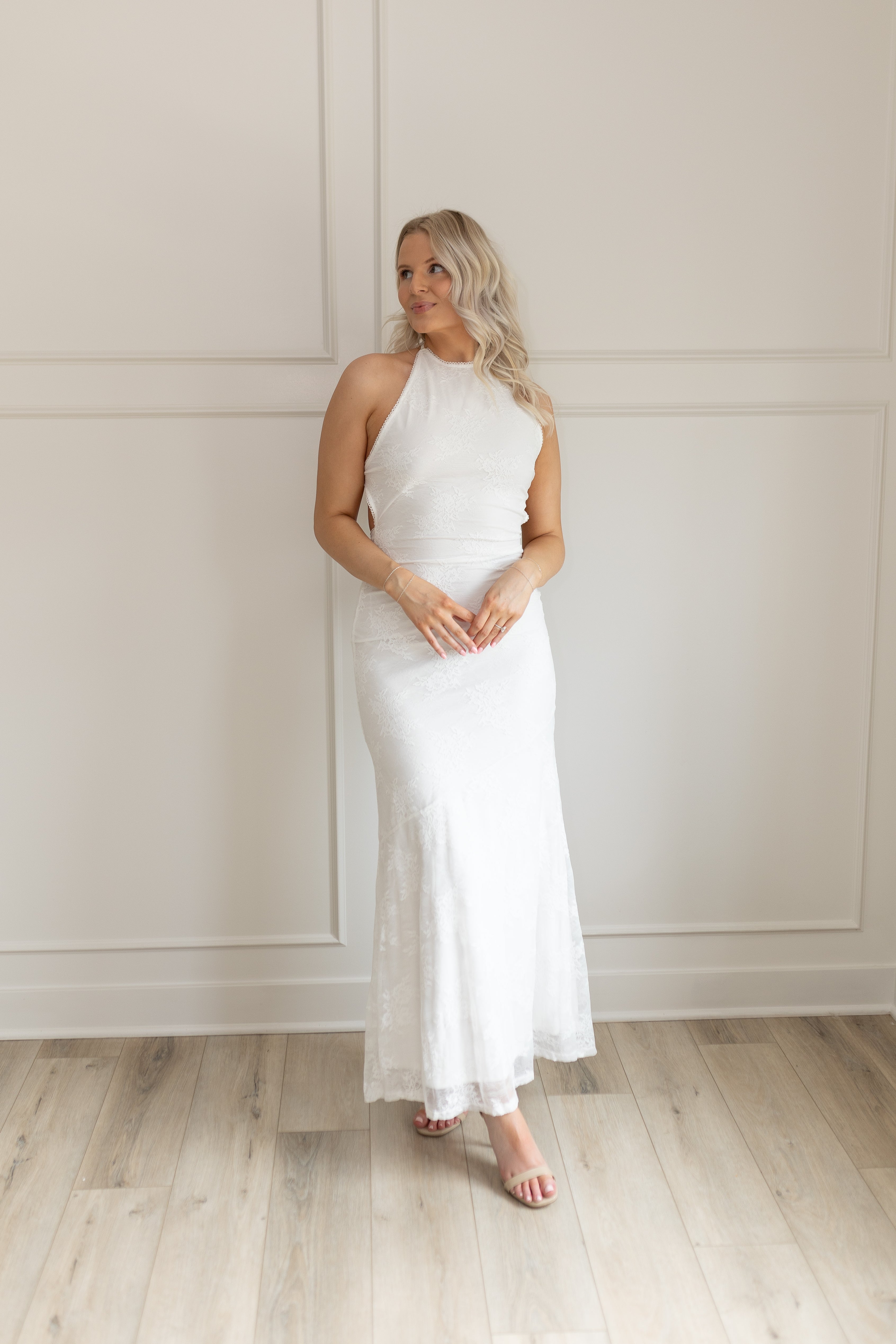 White lace halter maxi dress with open back and tie straps
