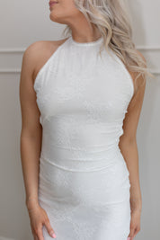 White lace halter maxi dress with open back and tie straps