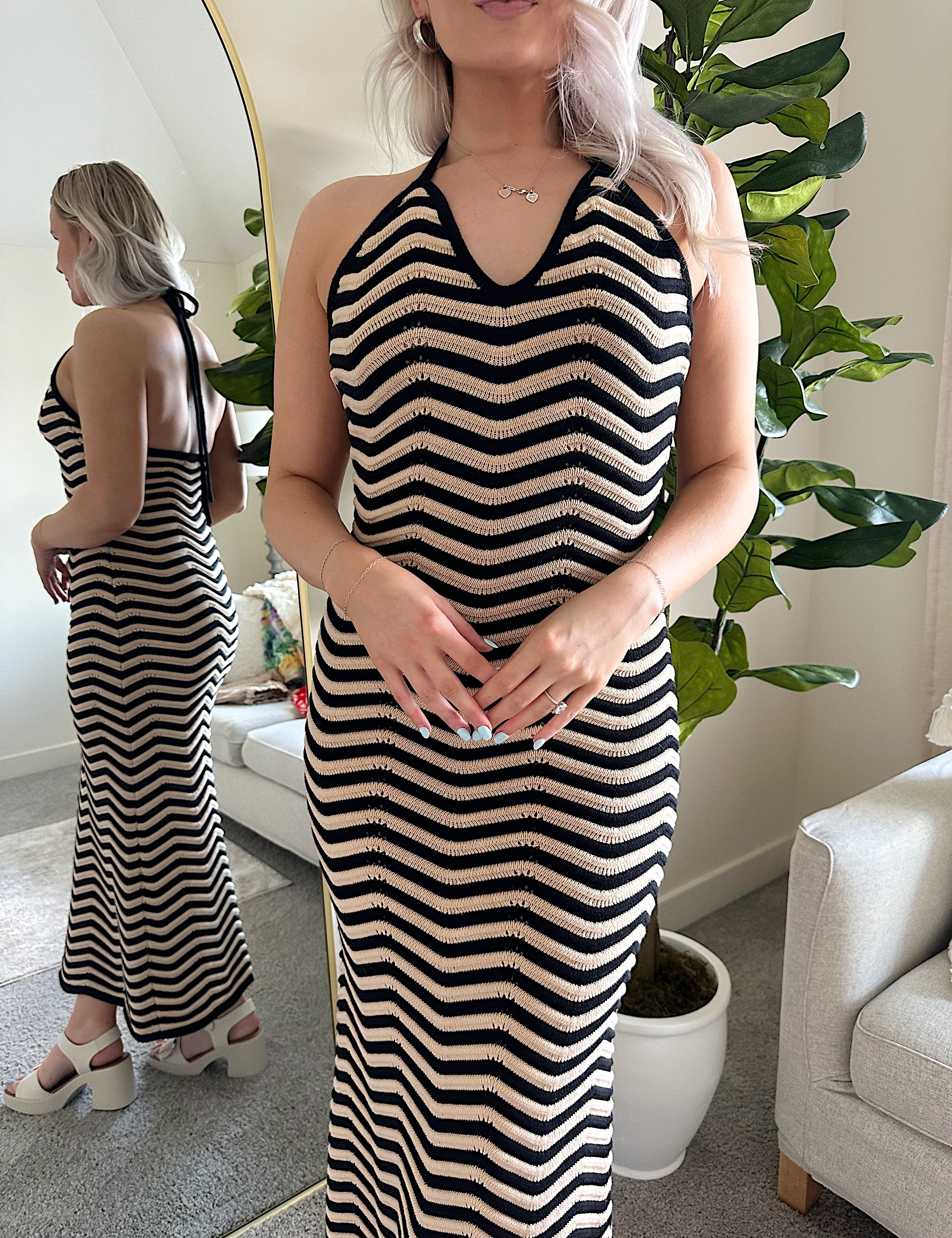 Tan and black chevron knit maxi dress with self tie halter neckline. 