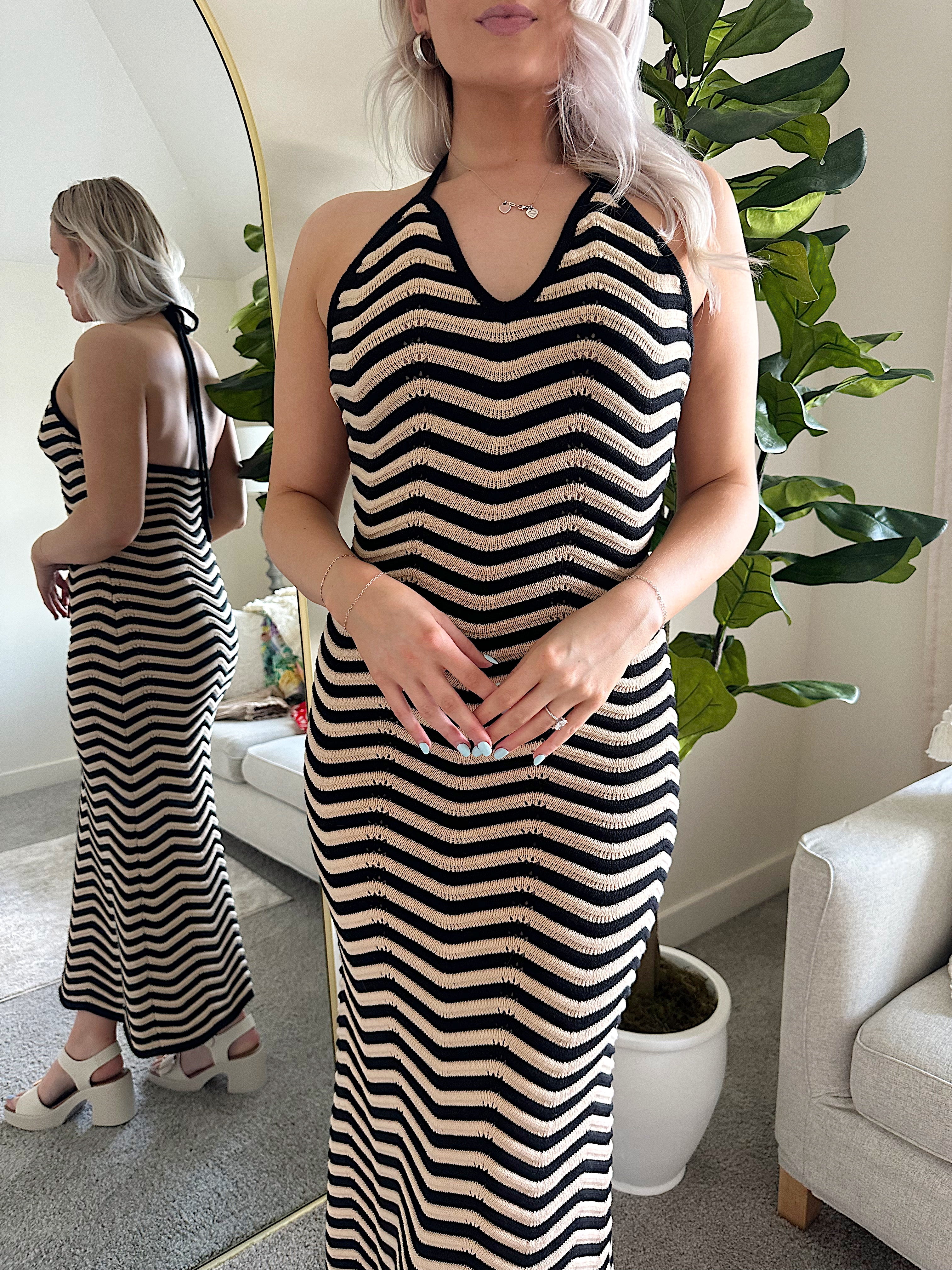 Tan and black chevron knit maxi dress with self tie halter neckline. 