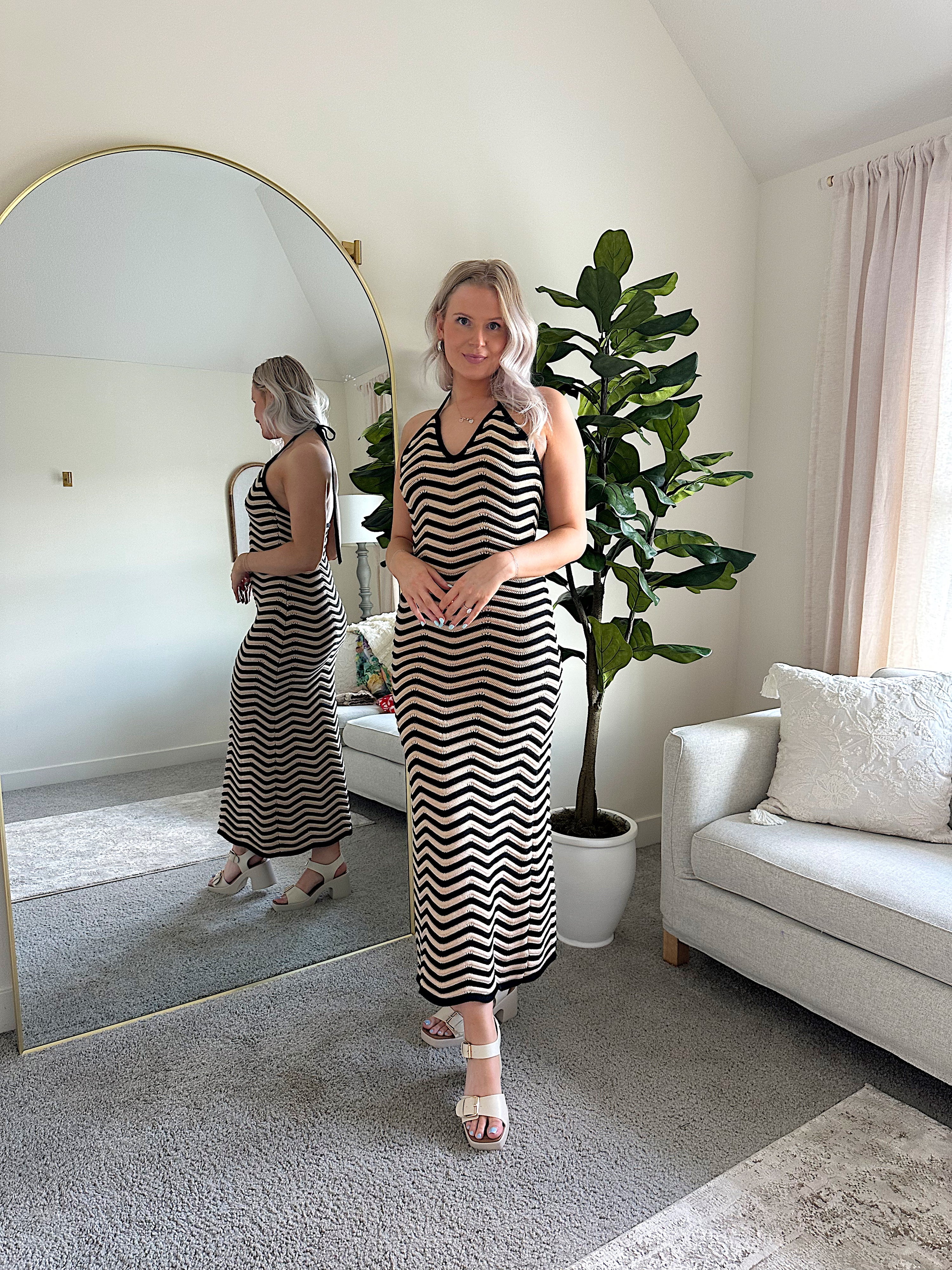 Tan and black chevron knit maxi dress with self tie halter neckline. 