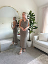 Tan and black chevron knit maxi dress with self tie halter neckline 