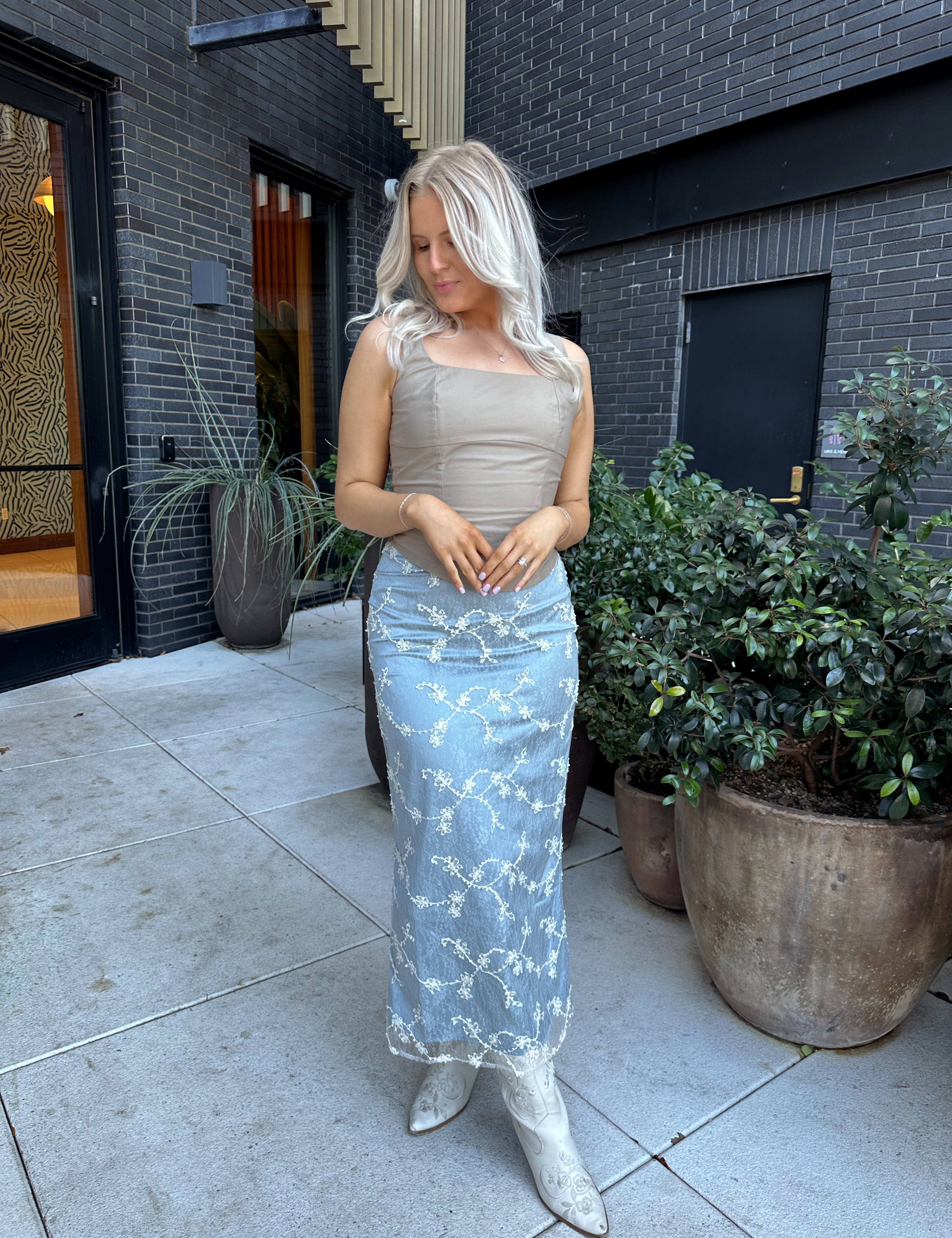 Blue embroidered lace maxi skirt.