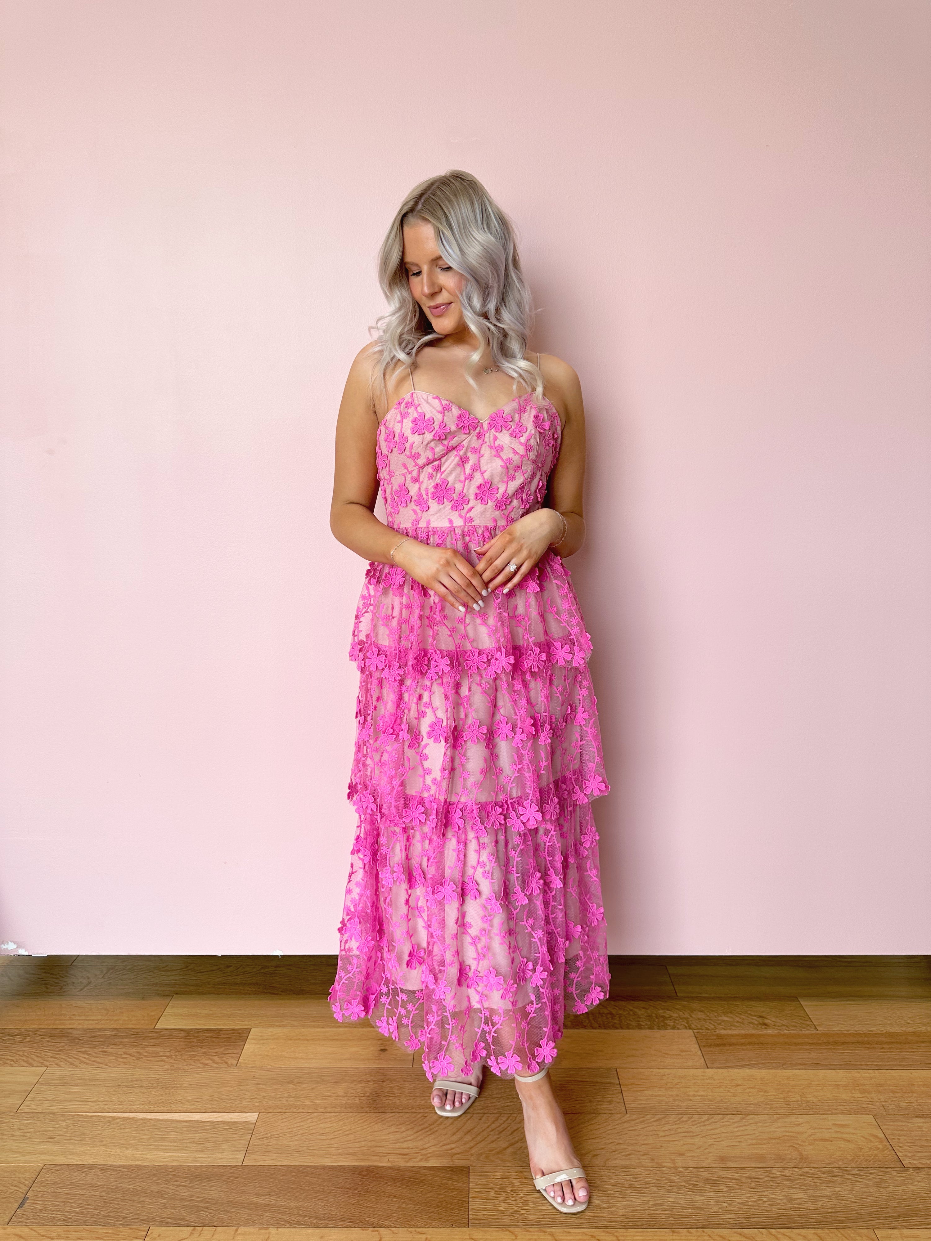 Chloe Pink Floral Lace Tiered Dress