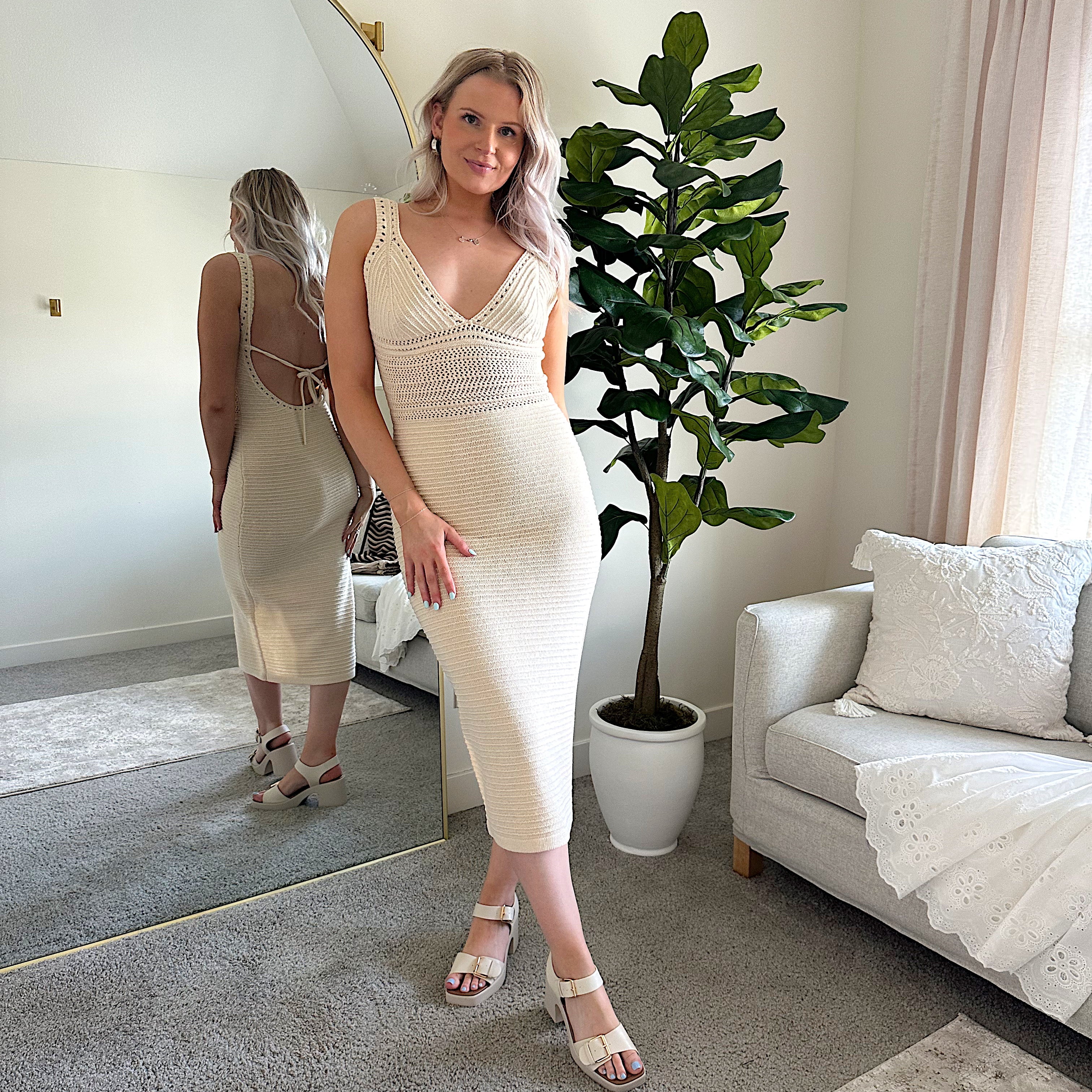 Light tan knit midi dress with open tie back. 