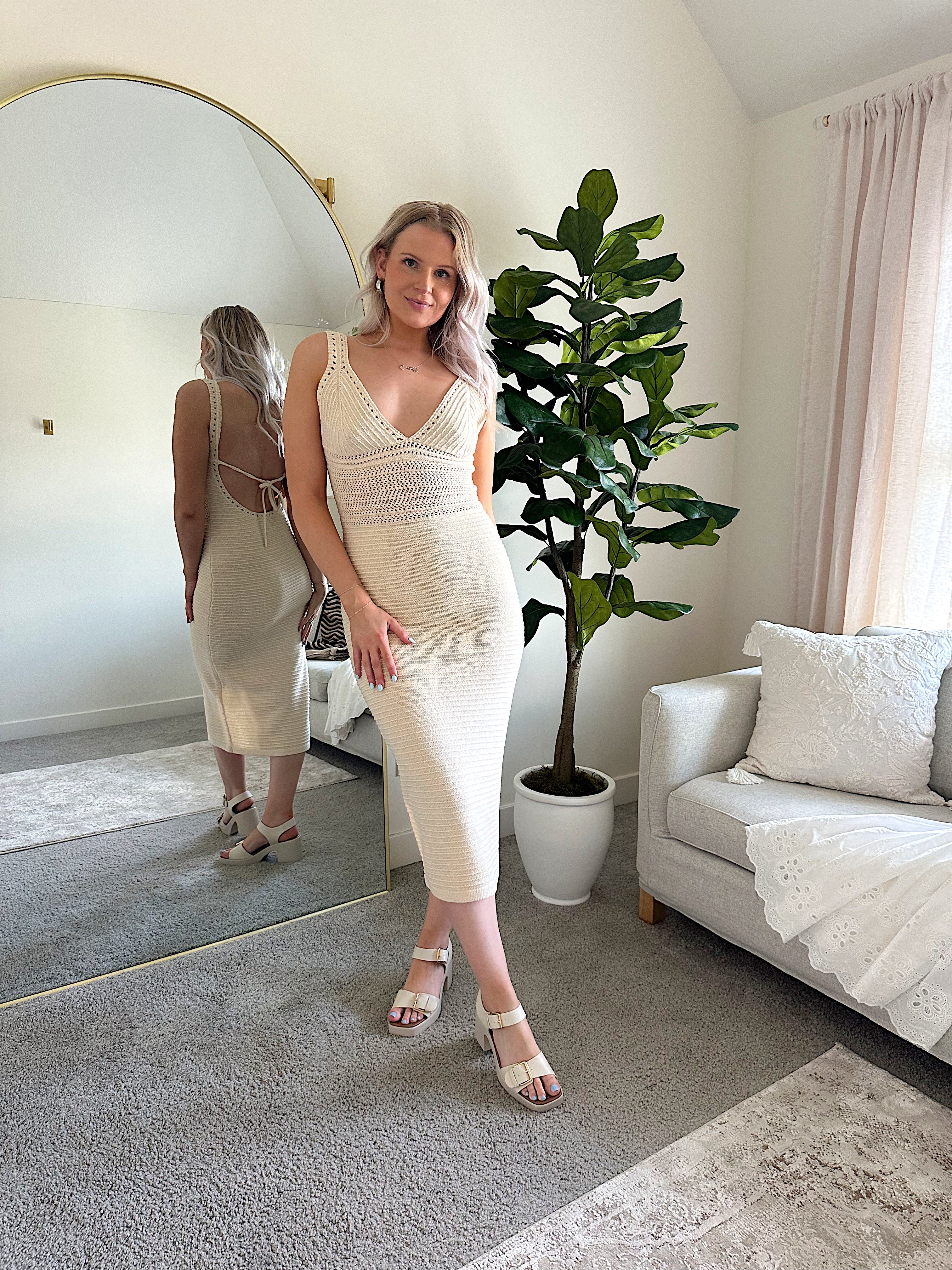 Light tan knit midi dress with open tie back. 