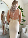 Light tan knit midi dress with open tie back. 