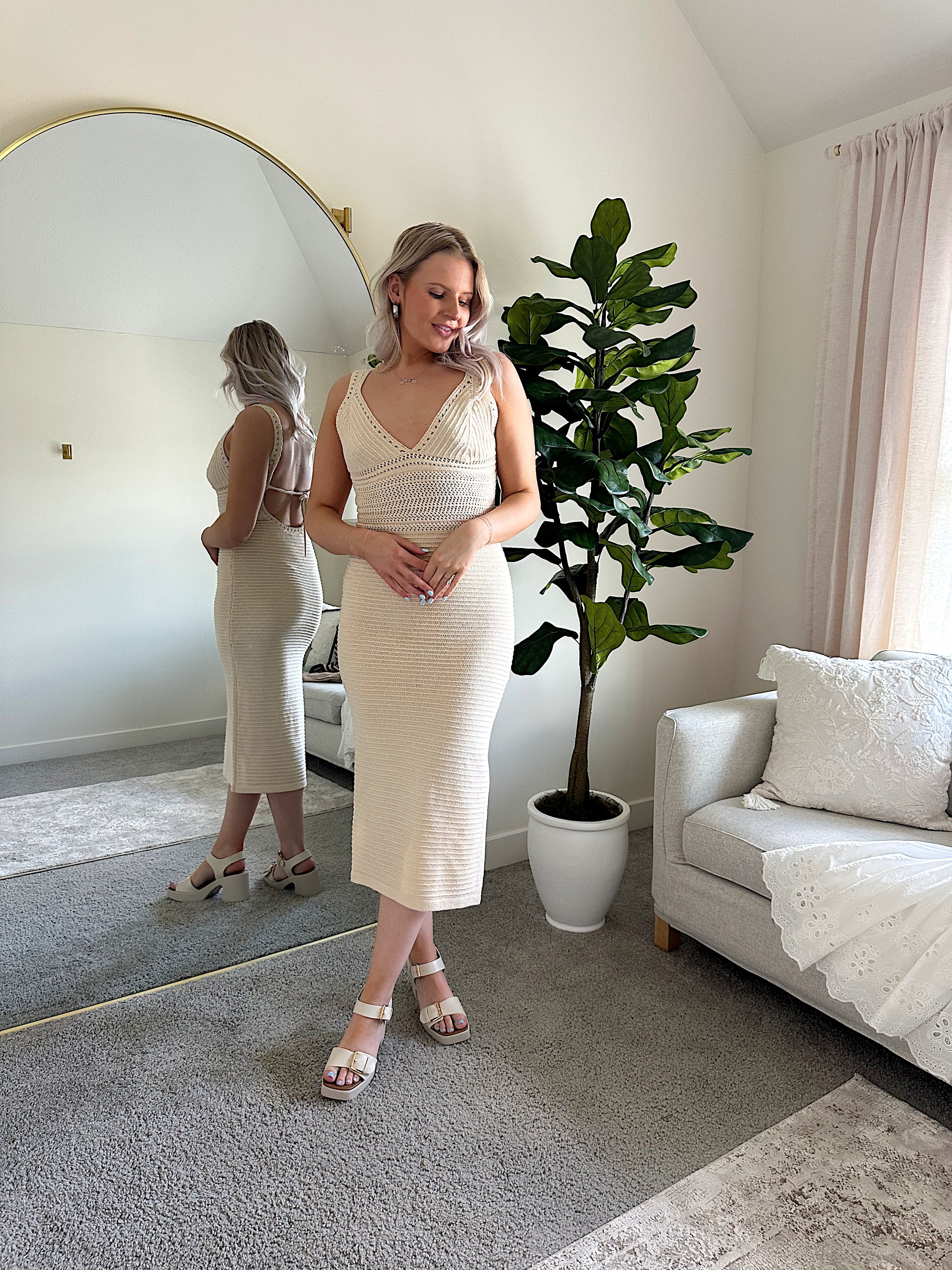 Light tan knit midi dress with open tie back. 