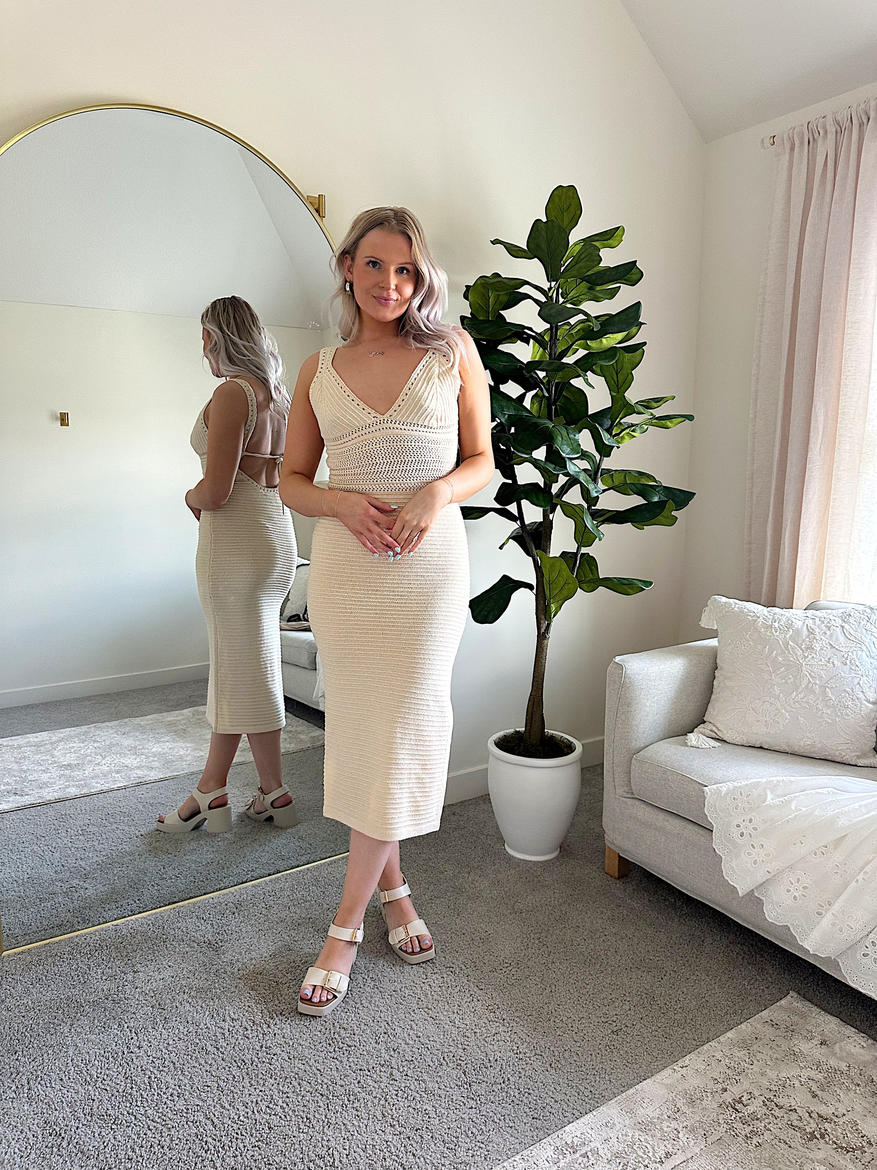 Light tan knit midi dress with open tie back. 