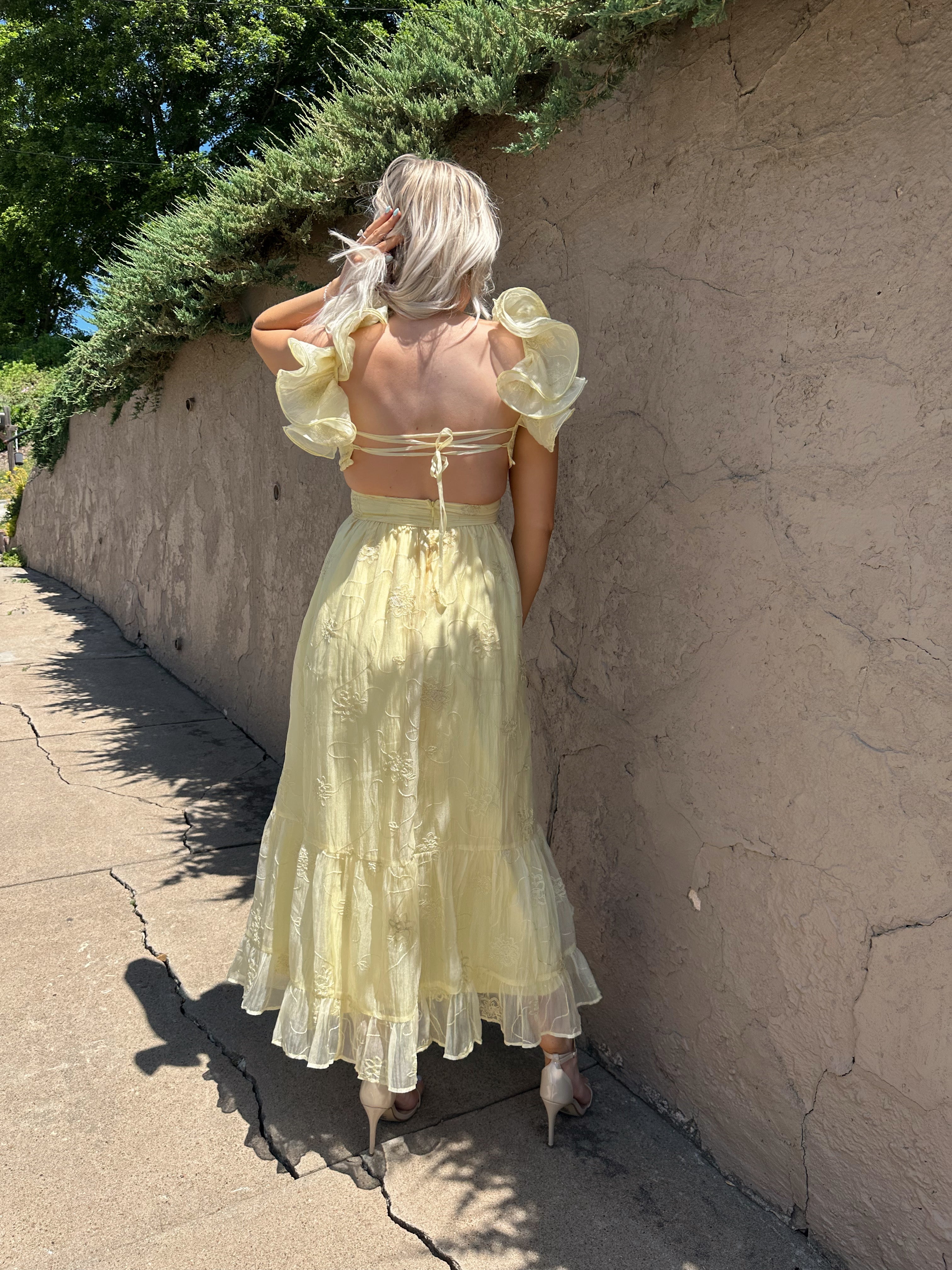 Light yellow midi dress with lace up corset back, and embroidery detailing. 