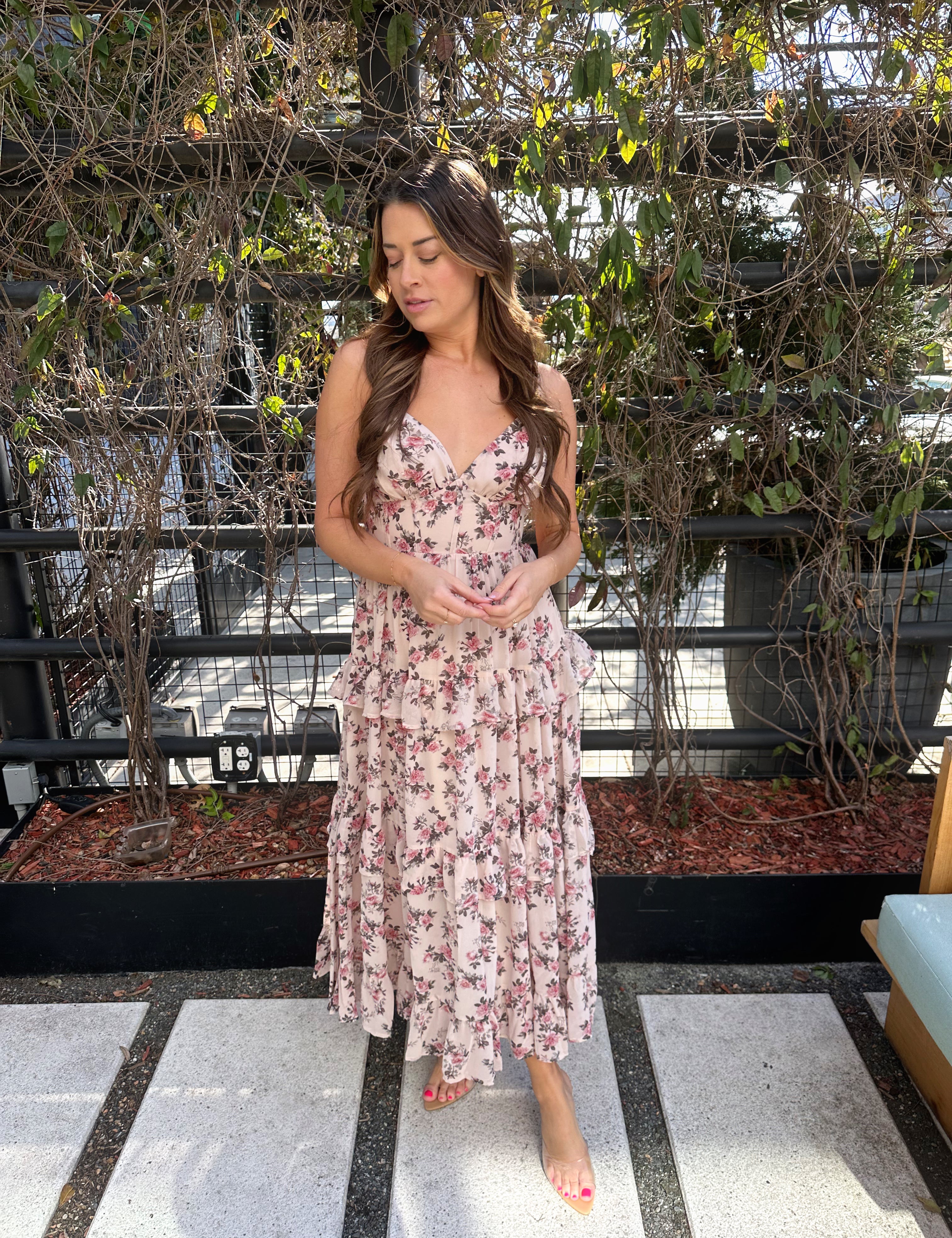 Pink Floral Midi Dress with Corset Bodice and Tiered Ruffle Skirt.