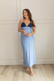 Astrid Navy and Chambray Satin Maxi Dress