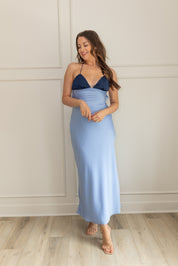 Astrid Navy and Chambray Satin Maxi Dress