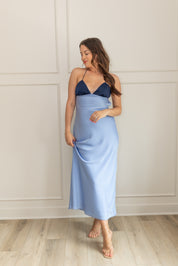 Astrid Navy and Chambray Satin Maxi Dress
