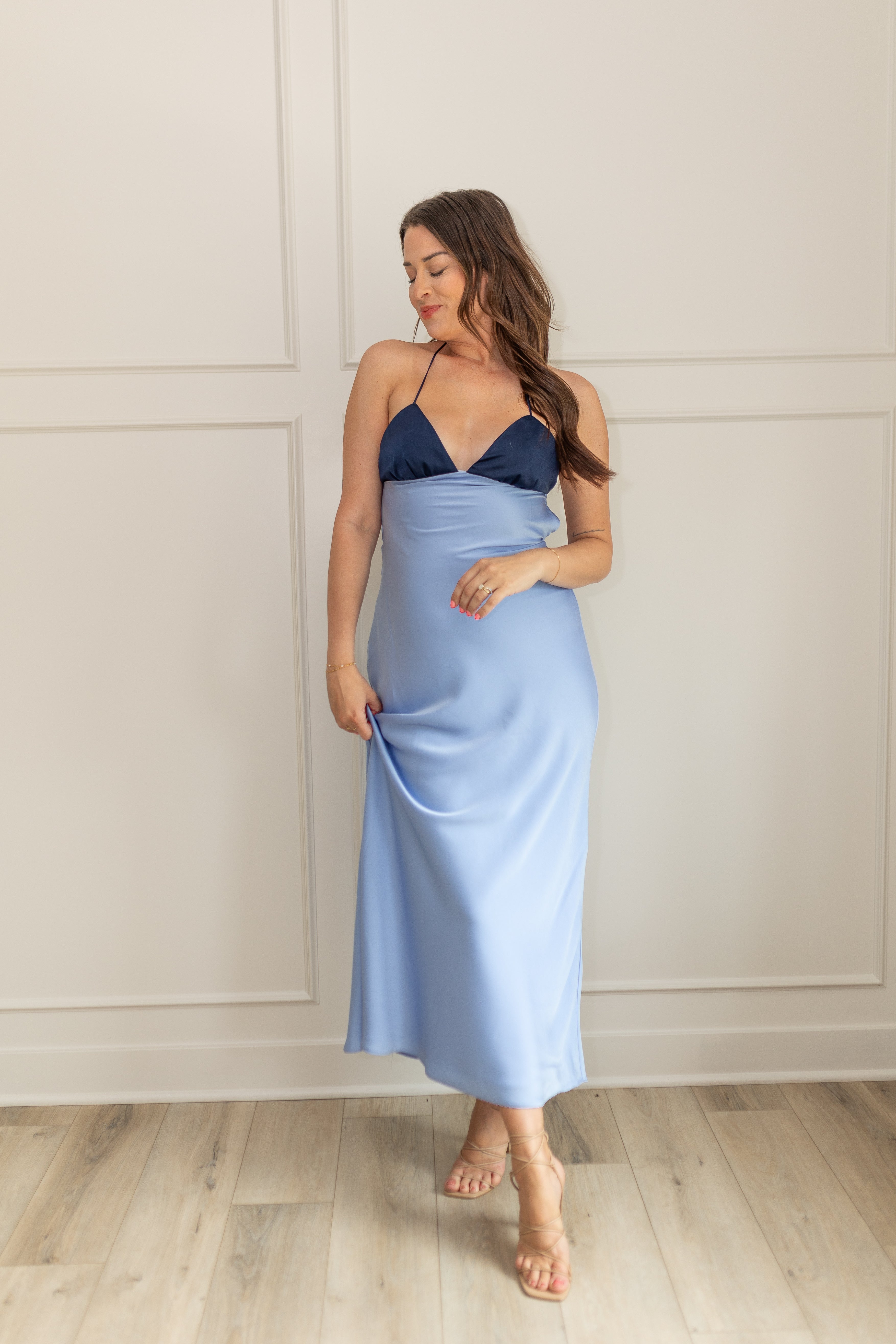 Astrid Navy and Chambray Satin Maxi Dress