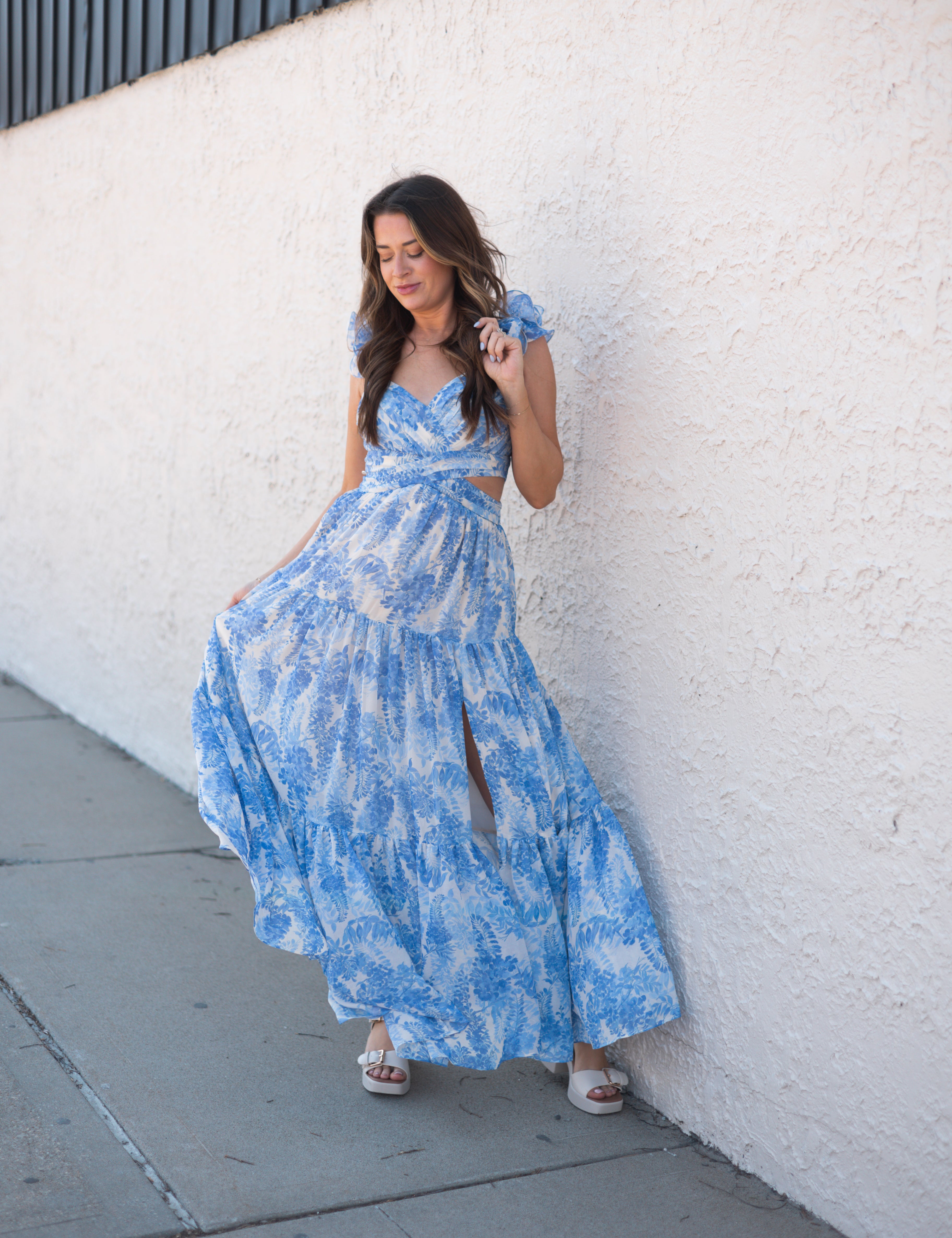 Kenzie Blue Floral Maxi Dress with Cutouts and Slit.