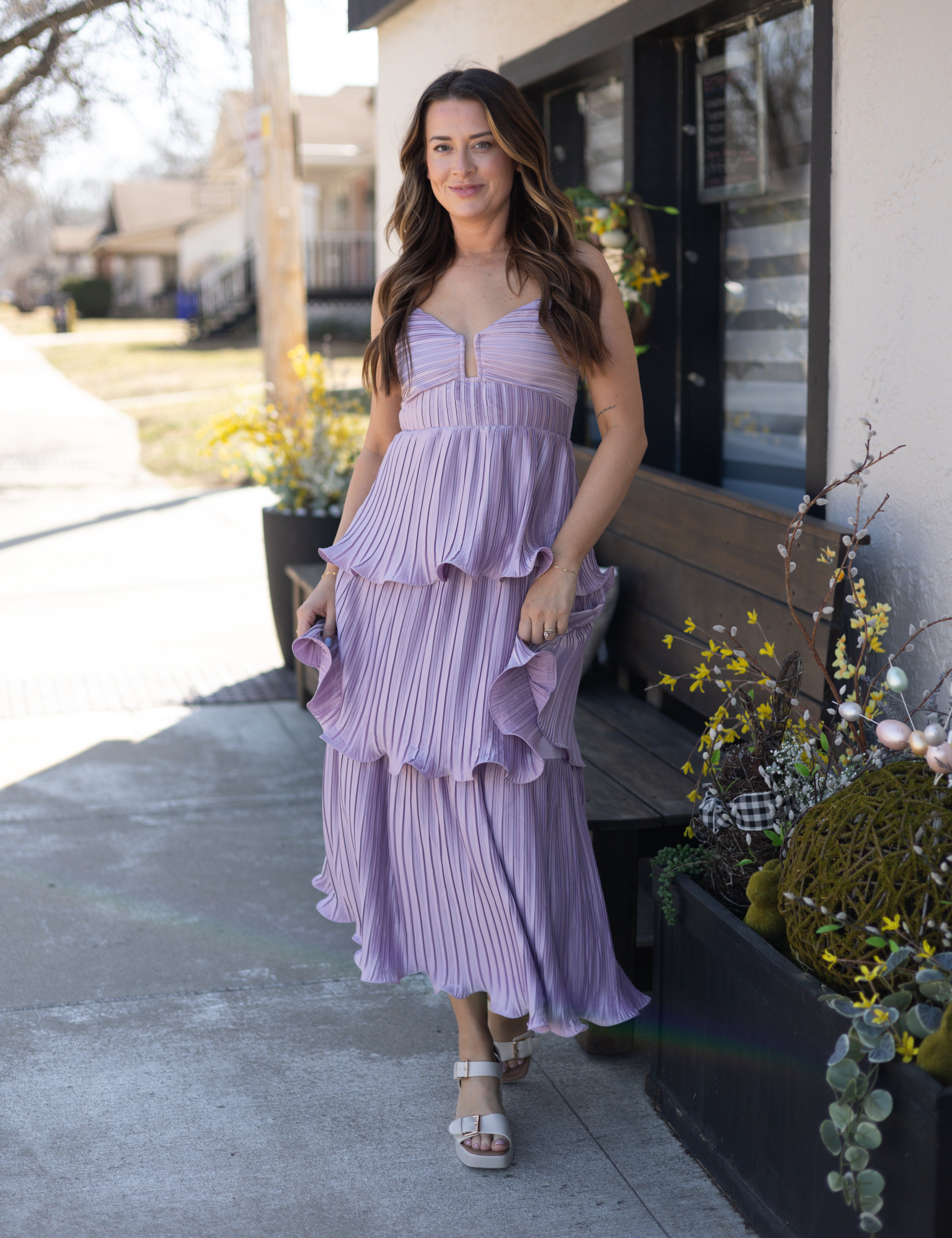 Lena Lavender Pleated Tiered Maxi Dress.