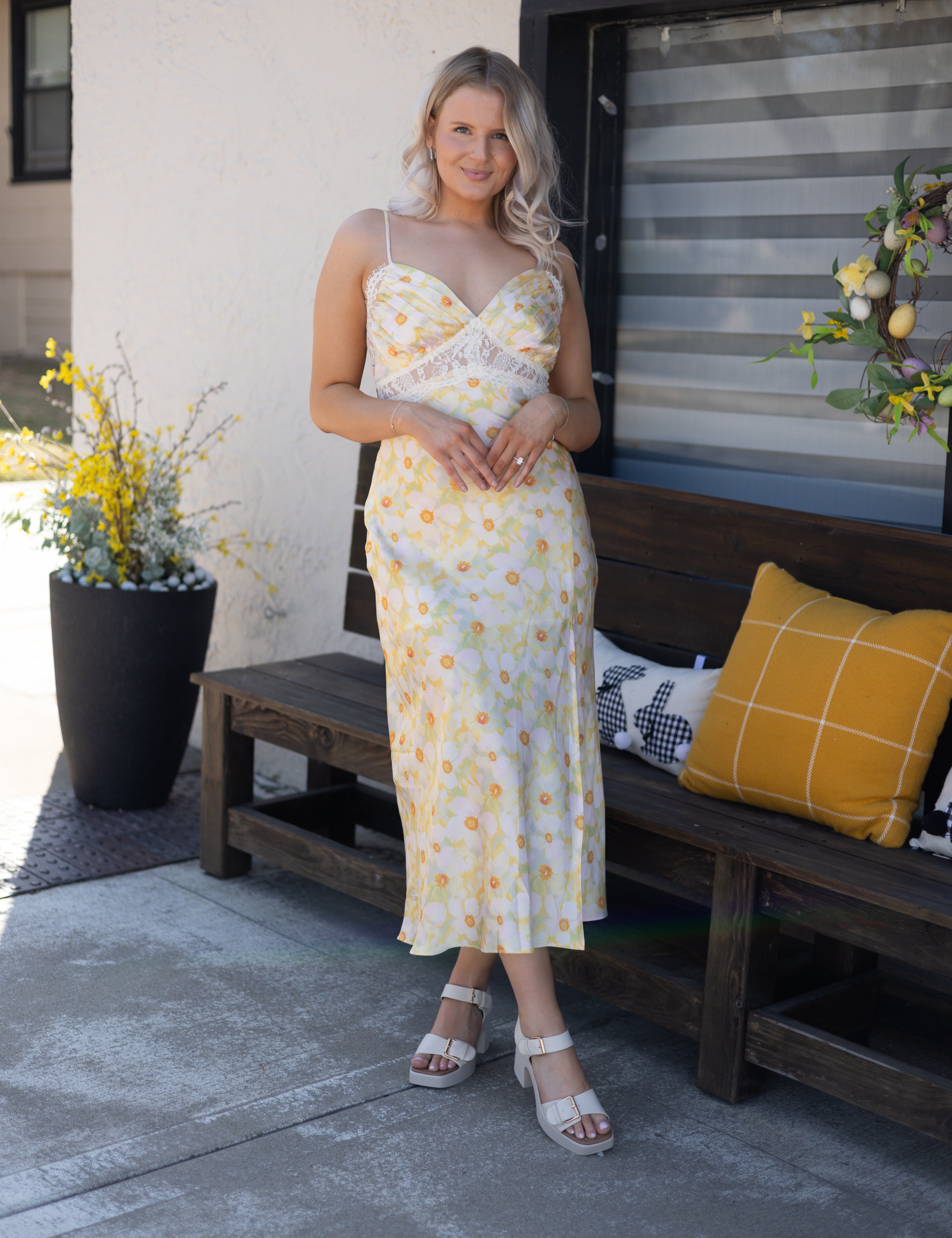 Keely Yellow Floral Lace Trim Maxi Dress.