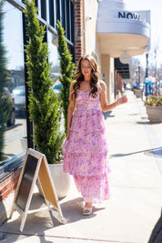 Lavender Pastel Floral Pleated Tiered Maxi Dress.