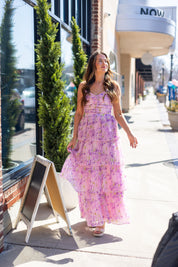 Paisley Lavender Floral Pleated Tiered Maxi Dress.