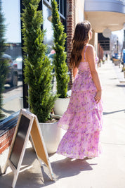 Paisley lavender floral pleated maxi dress back.