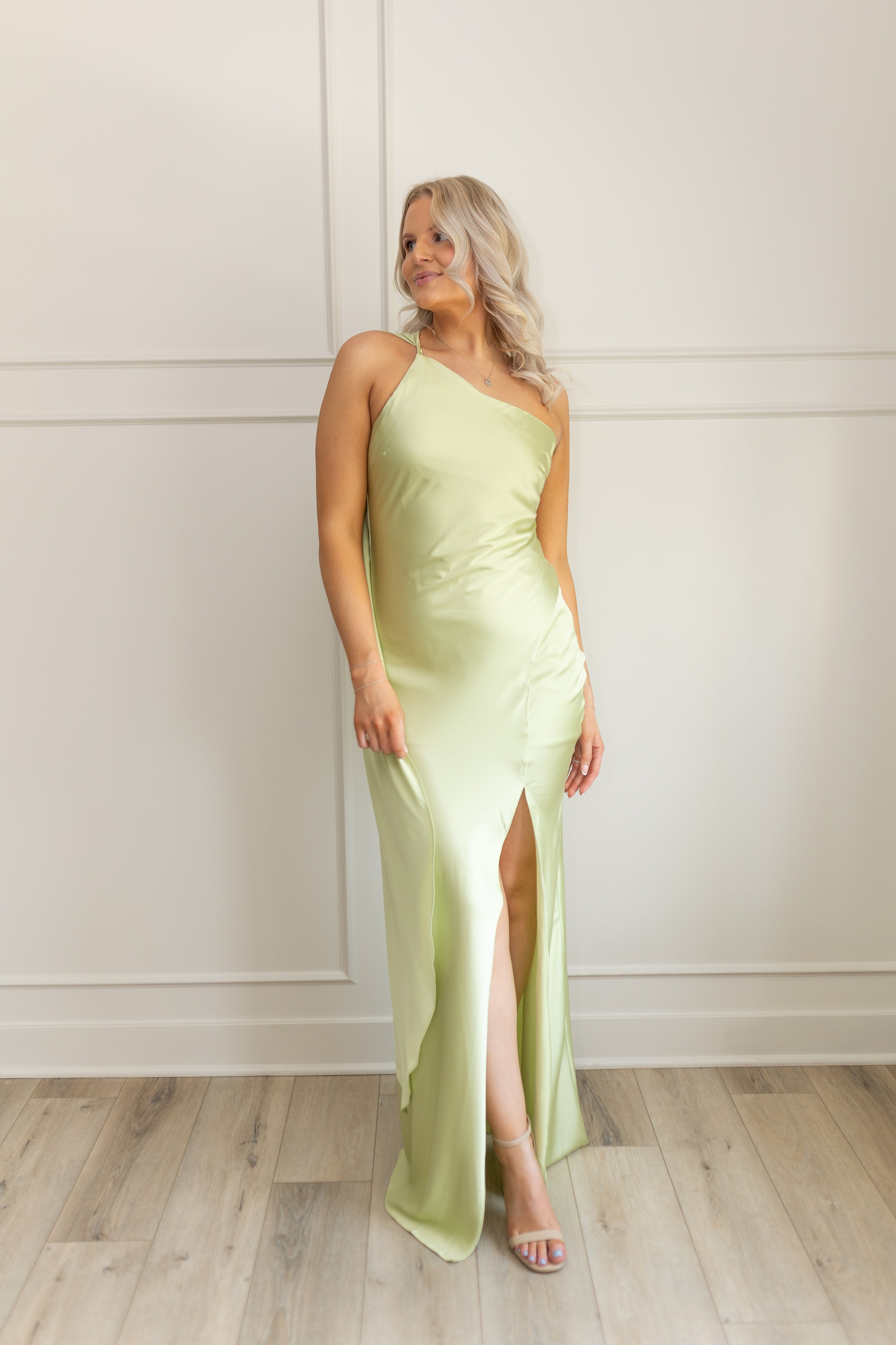 Nia Halter Drape Scarf Green Satin Maxi Dress