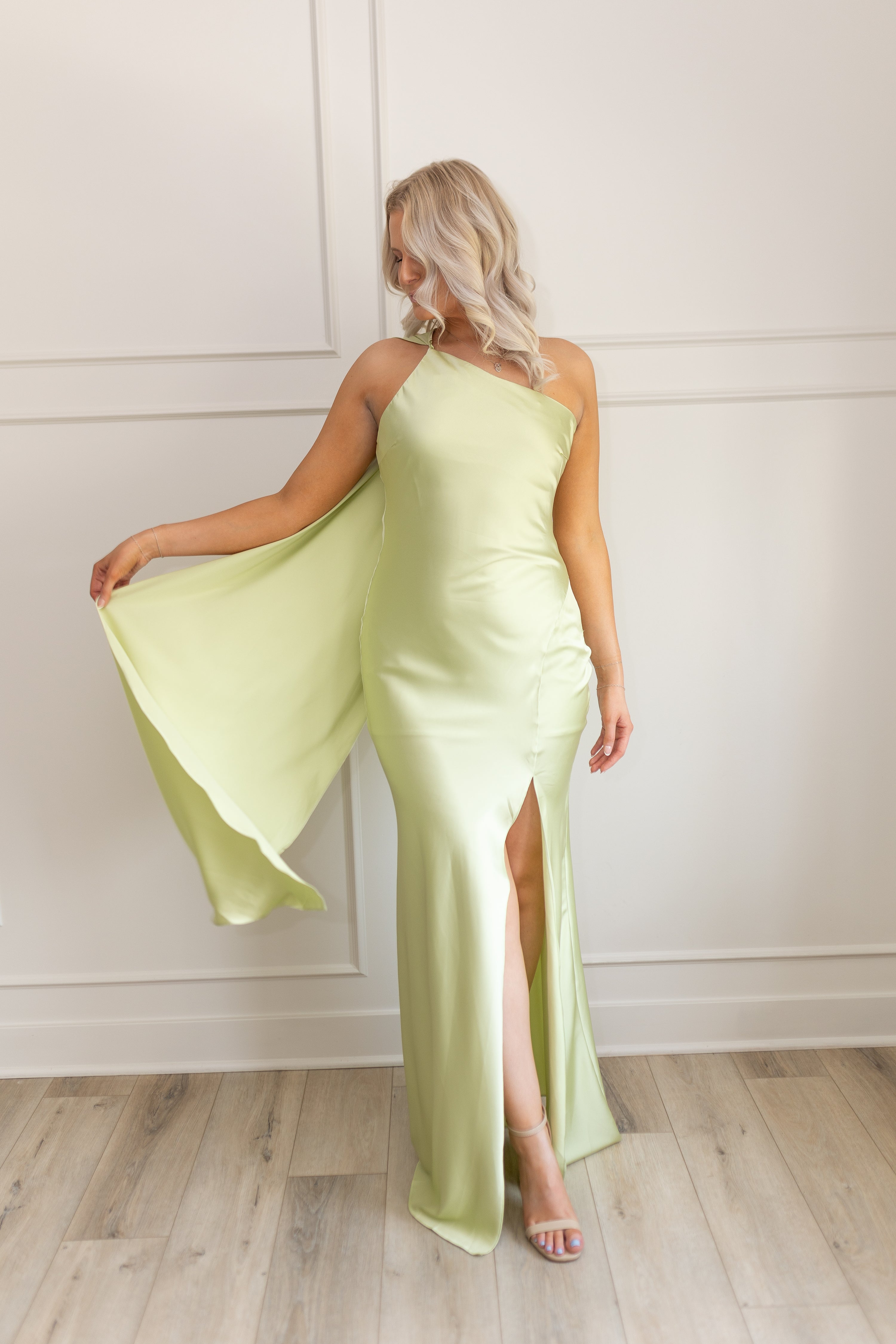Nia Halter Drape Scarf Green Satin Maxi Dress