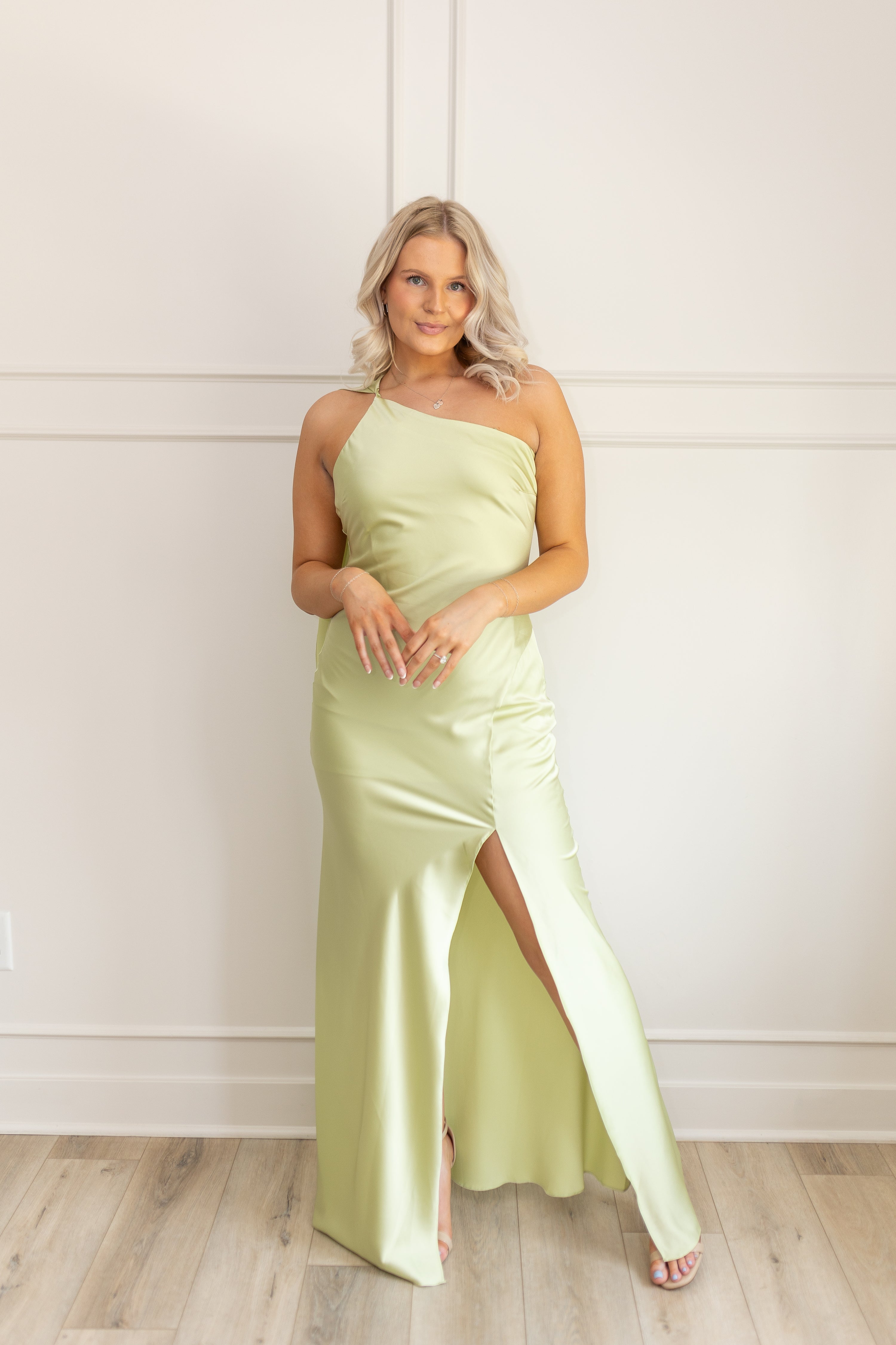 Nia Halter Drape Scarf Green Satin Maxi Dress