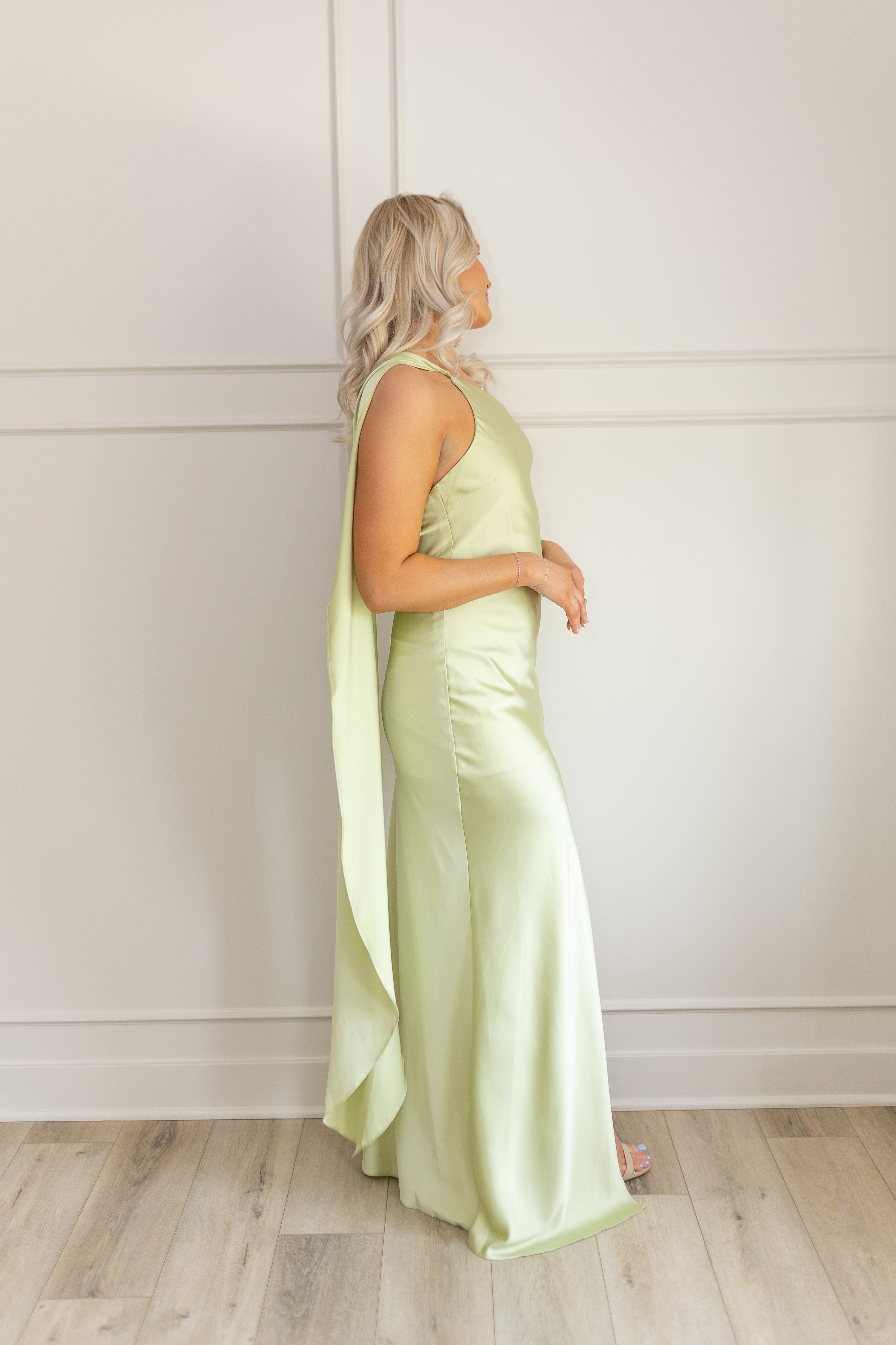 Nia Halter Drape Scarf Green Satin Maxi Dress