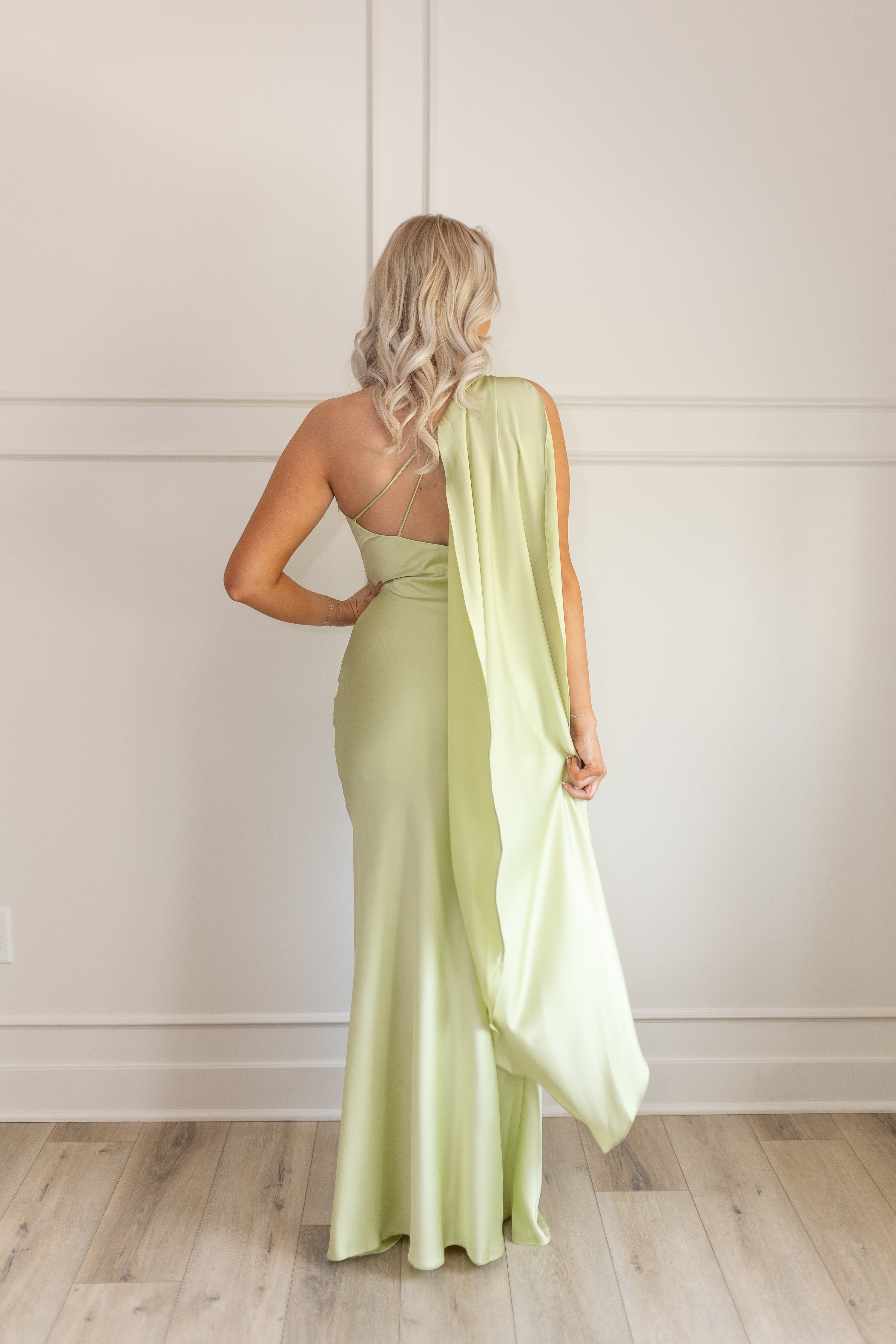 Nia Halter Drape Scarf Green Satin Maxi Dress