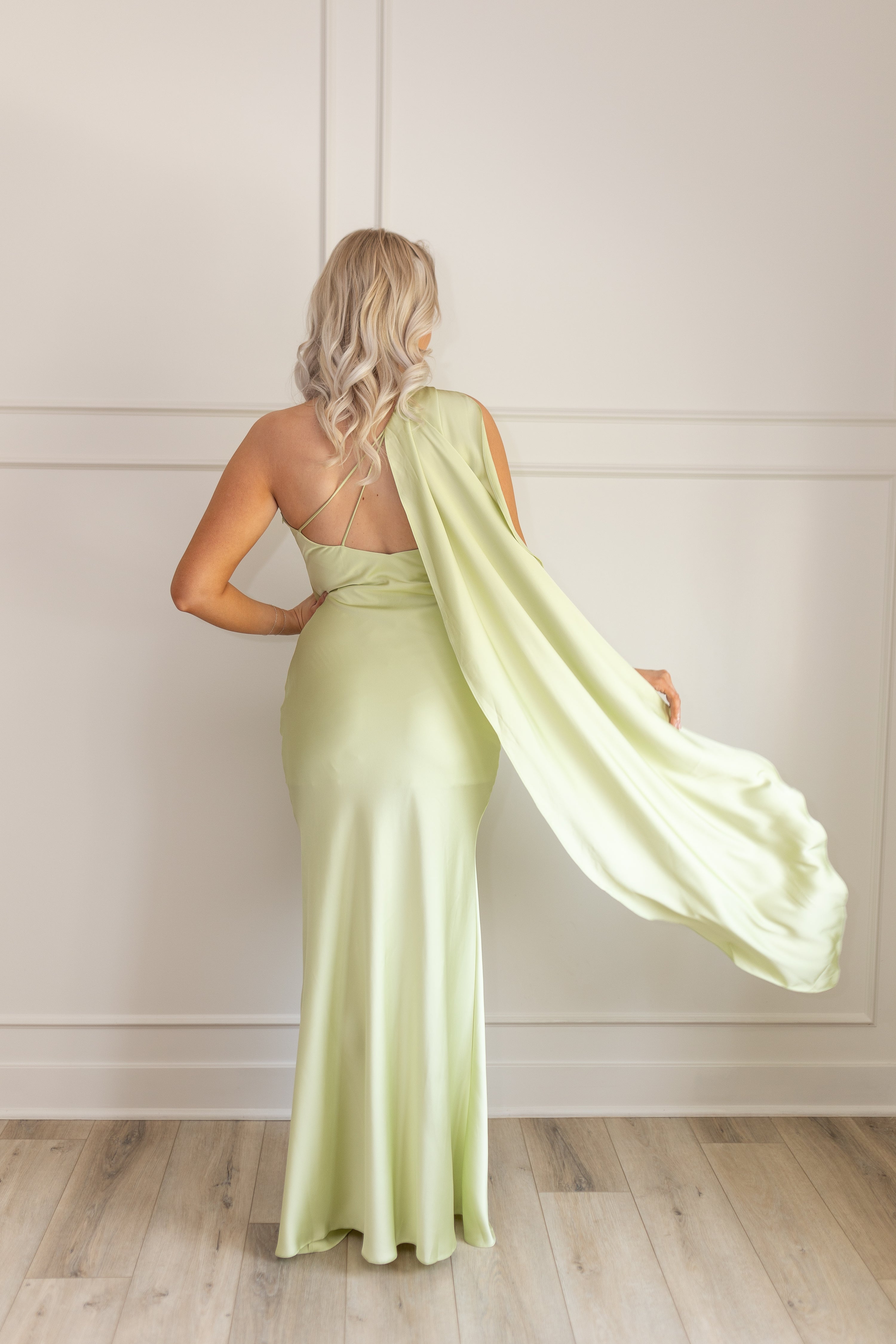 Nia Halter Drape Scarf Green Satin Maxi Dress