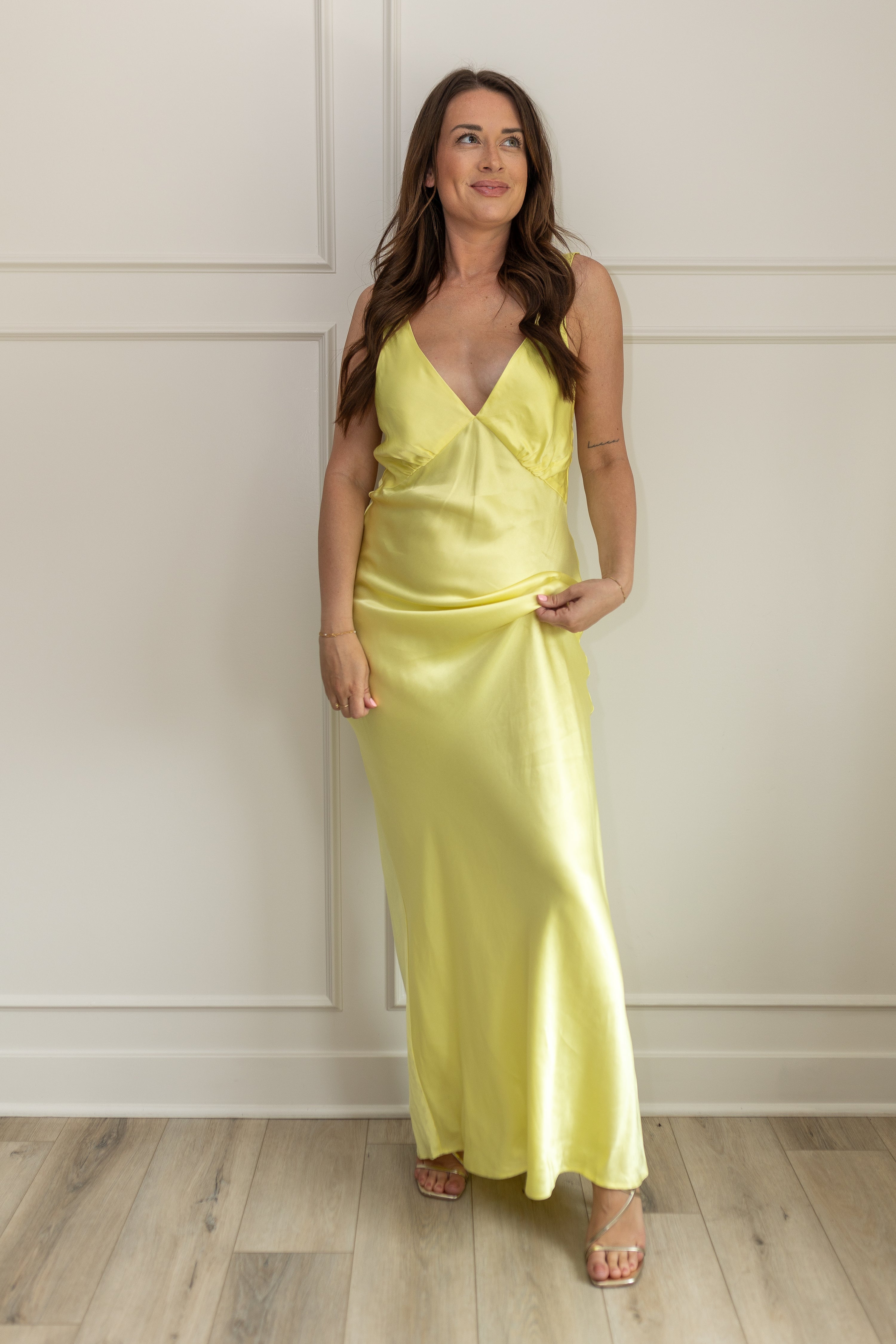 Sunrise Yellow Plunging Satin Maxi Dress