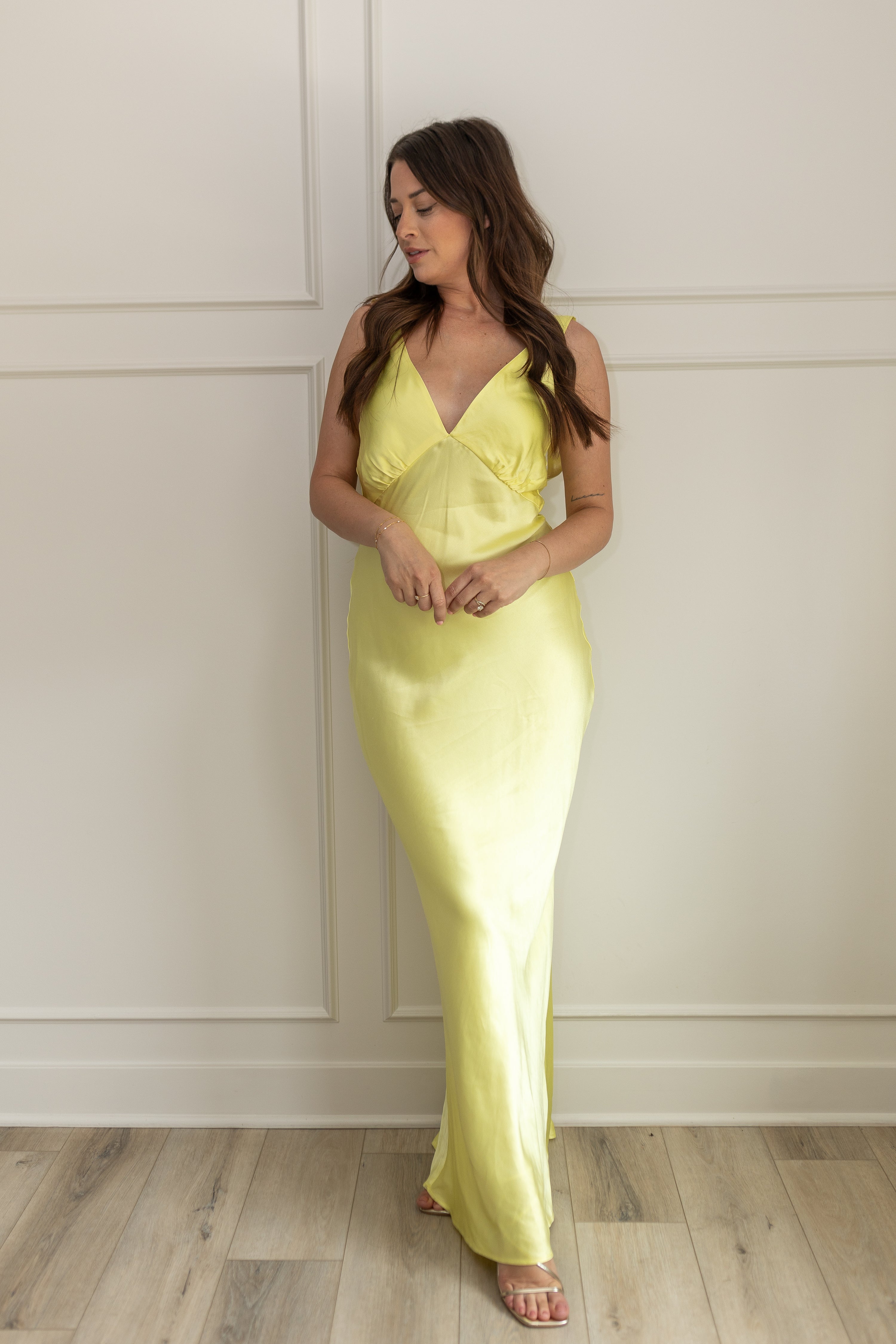 Sunrise Yellow Plunging Satin Maxi Dress