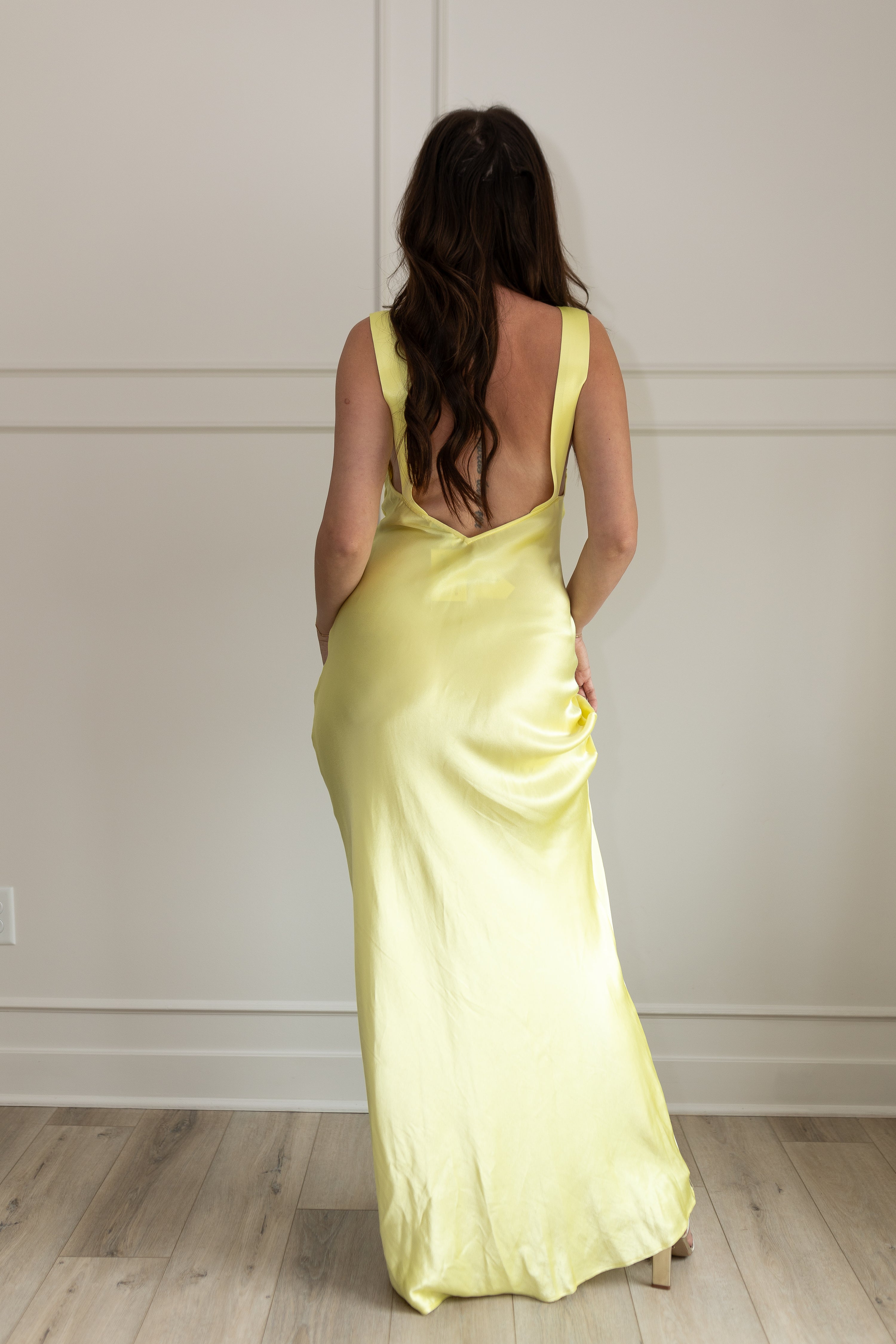 Sunrise Yellow Plunging Satin Maxi Dress