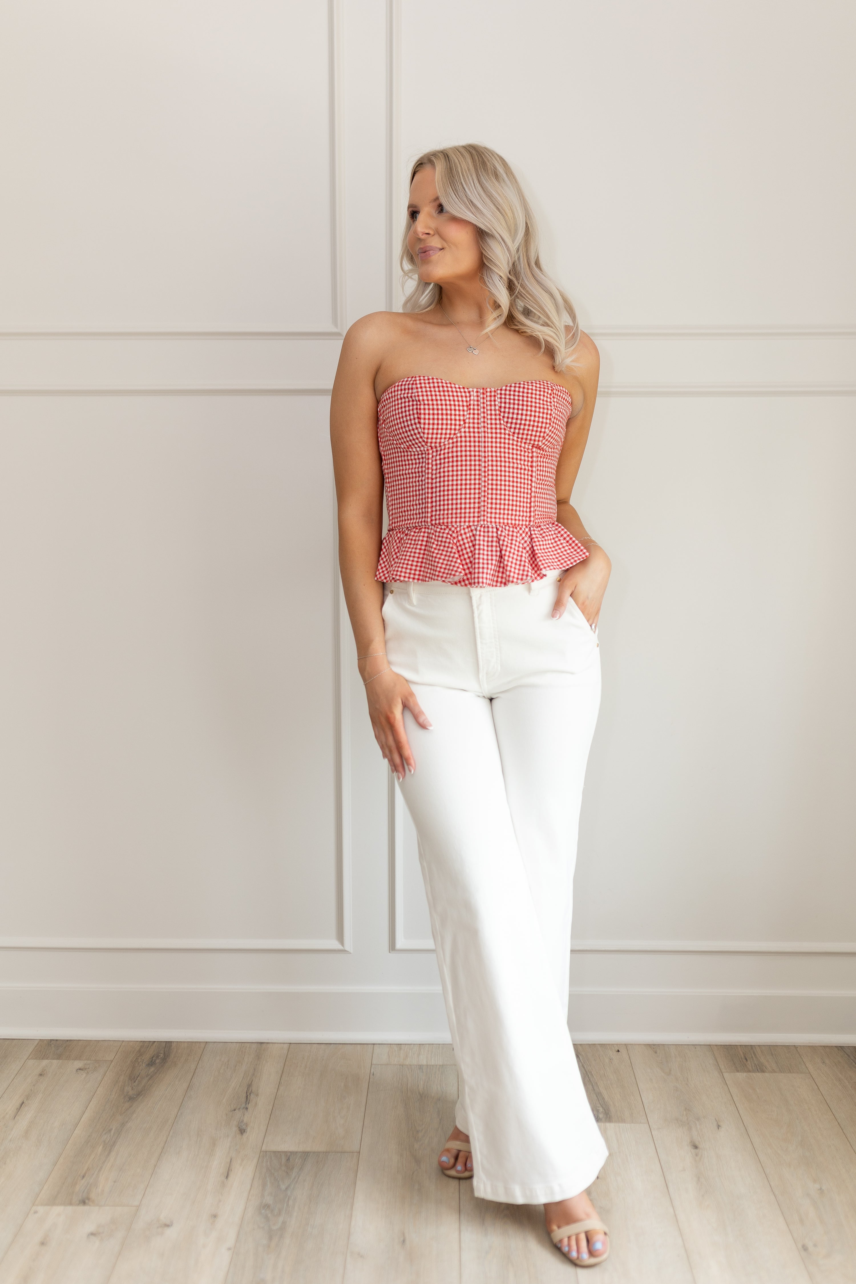 Cara Red Gingham Peplum Top